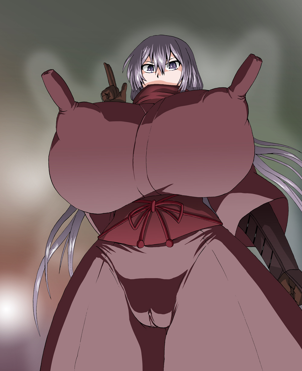 ahemaru blurry blurry_background breasts covered_nipples dragon_yukano erect_nipples erect_nipples_under_clothes erection erection_under_clothes female gigantic_breasts gloves graphite_(medium) henriiku_(ahemaru) highres huge_breasts huge_nipples impossible_clothes japanese_clothes lavender_hair long_nipples looking_at_viewer mechanical_pencil ninja ninja_slayer pencil purple_eyes red_scarf scarf solo stick_nipples traditional_media vambraces wide_hips