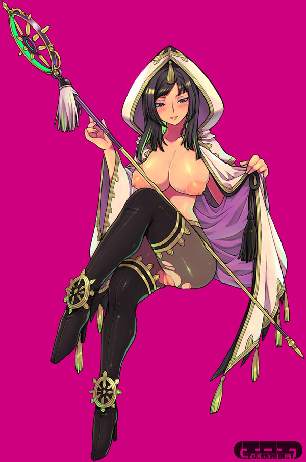 aya_gozen big_breasts black_eyes black_hair boots breasts censored eroe female high_heels hood large_breasts long_hair nipples open_clothes open_robe pantyhose polearm pussy robe see-through sengoku_musou sengoku_musou_3 shoes solo staff thighhighs torn_clothes weapon