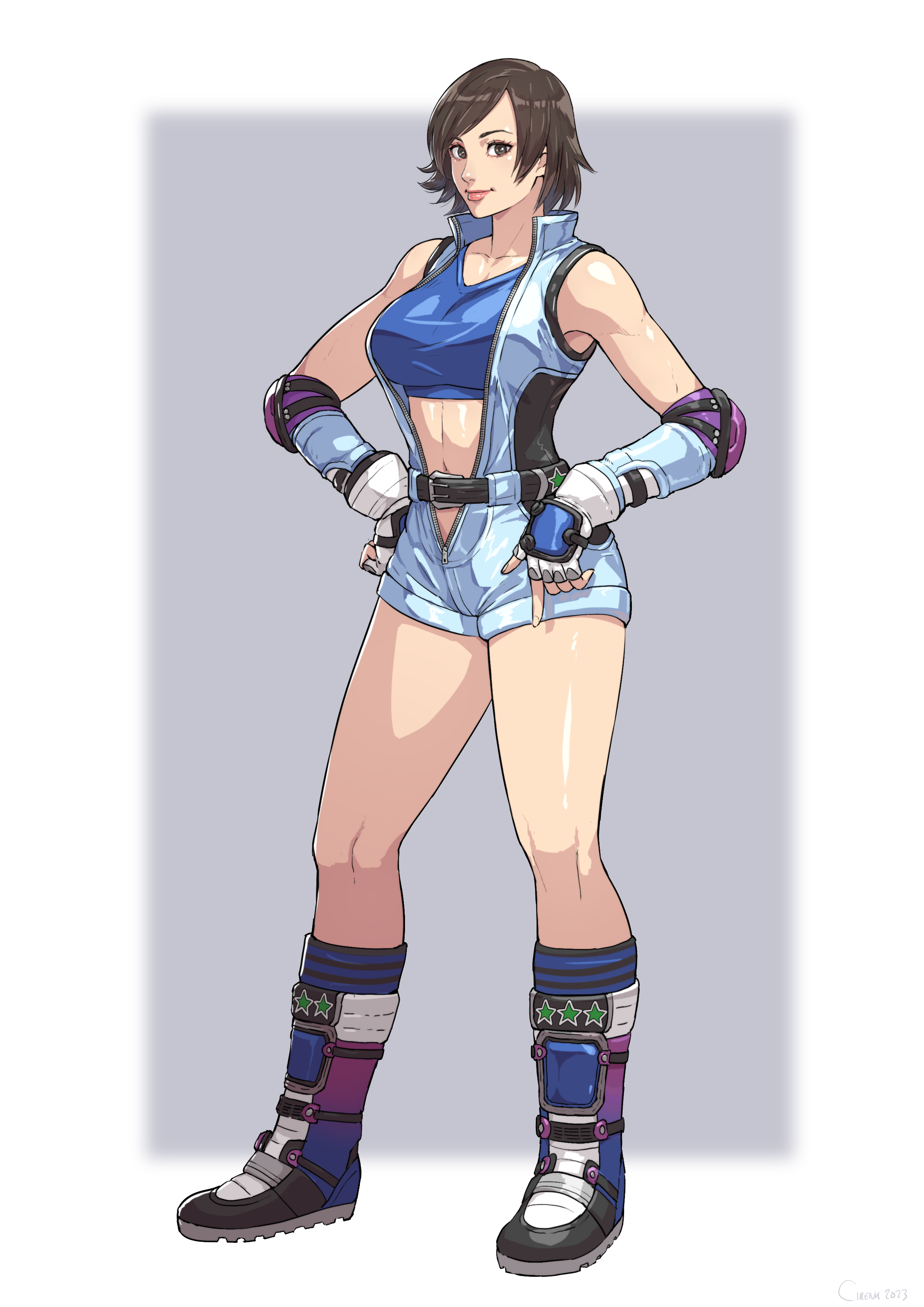 1girls, alluring, athletic, athletic female, boots, brown eyes, brown hair, cirenk, female, female abs, female only, fingerless gloves, fit, fit female, fully clothed, kazama asuka, namco, solo, sports bra, tekken, tekken 5 dark resurrection, tekken 7, tekken tag tournament 2, unzipped bodysuit