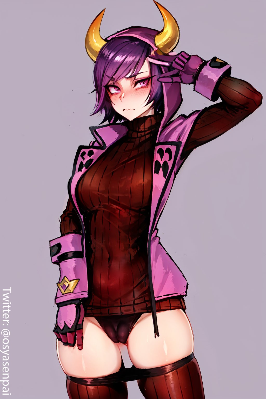 1girls, ai generated, big breasts, black panties, breasts, courtney (pokemon), female, female only, hoodie, horns, lifted by self, lifting skirt, looking at viewer, nintendo, osyasenpai, panties, pokemon, pokemon oras, pokemon rse, purple eyes, purple hair, solo, stable diffusion, team magma, thighs, undressing