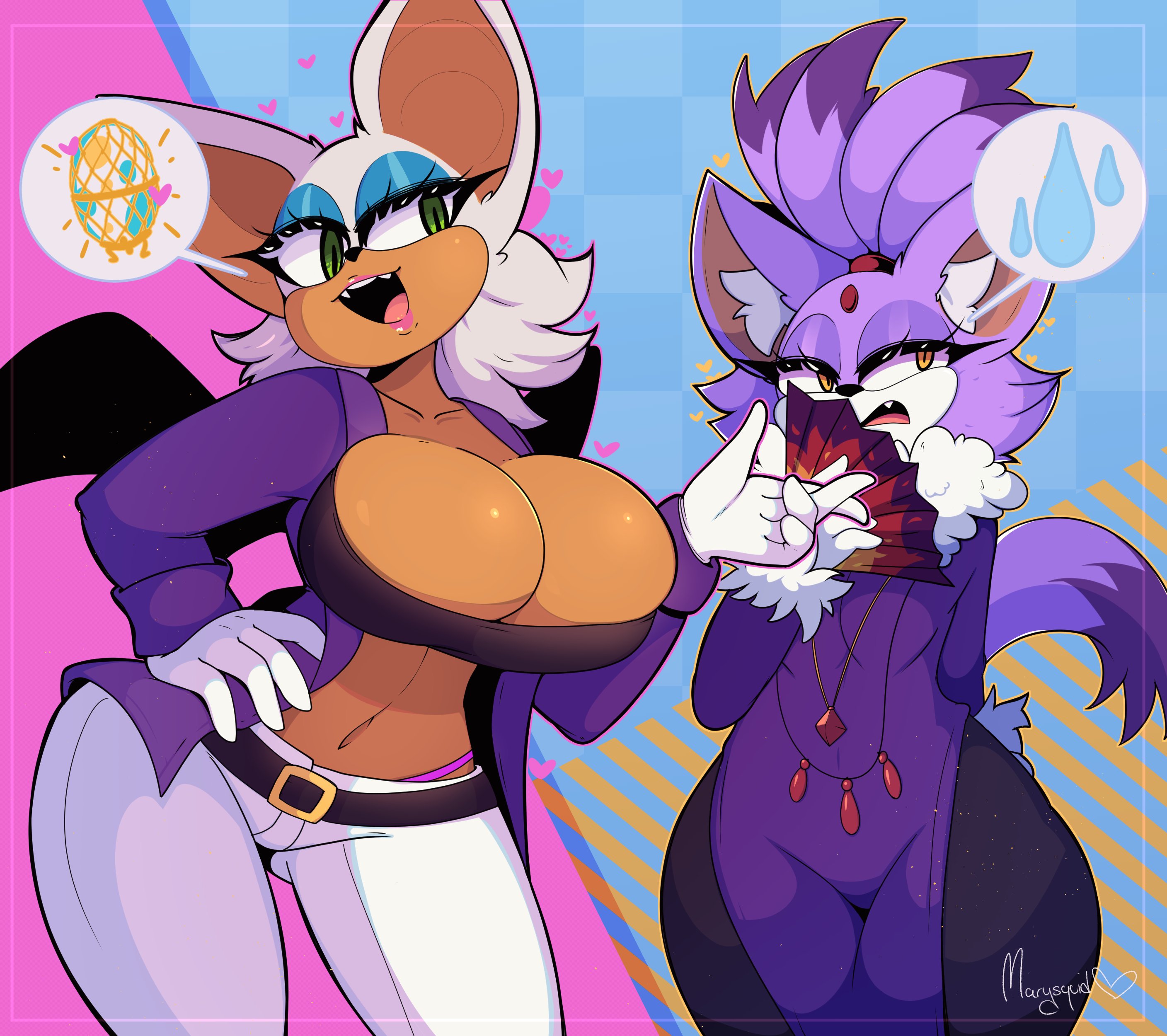 anthro, big breasts, blaze the cat, bottom heavy, breasts, cleavage, clothed, clothing, duo, feline, female, heart, hi res, marysquid, rouge the bat, sega, sonic (series), sonic the hedgehog (series), squidmemee, tail, thick thighs, wide hips