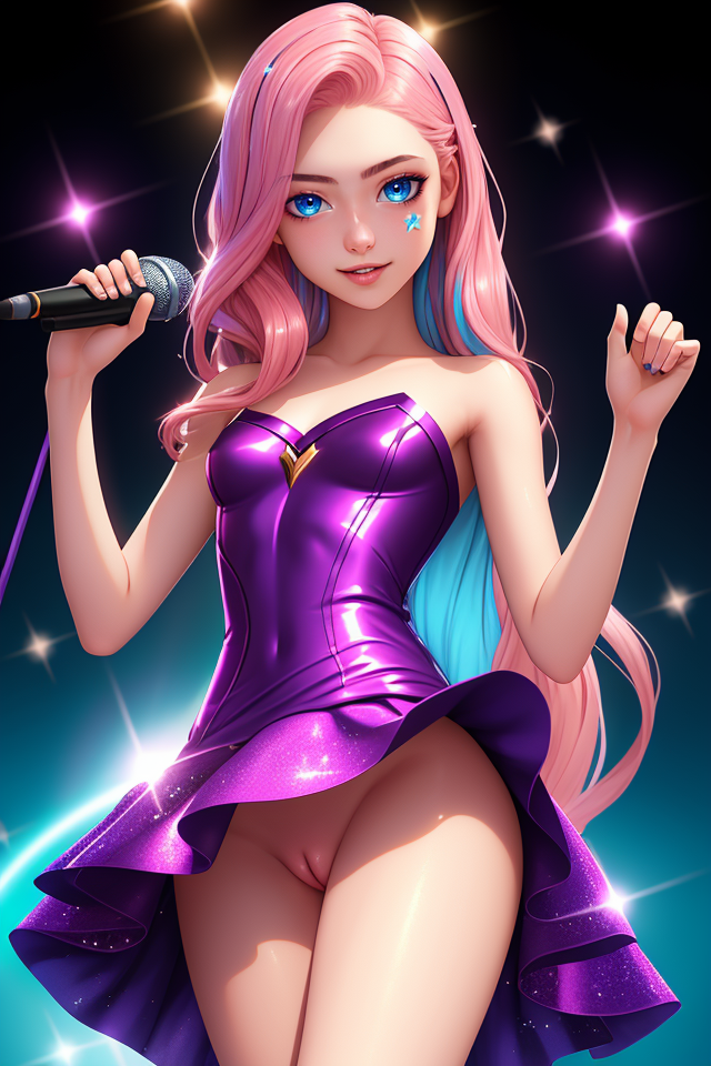 ai_generated blue_eyes blue_highlights cute dress dress_lift exhibitionism facial_mark facial_markings hips league_of_legends lips long_hair looking_at_viewer microphone mouth nose nude partially_clothed performance pink_hair public_nudity pussy seraphine_(league_of_legends) stable_diffusion teenager tight_clothing unboundaimagination