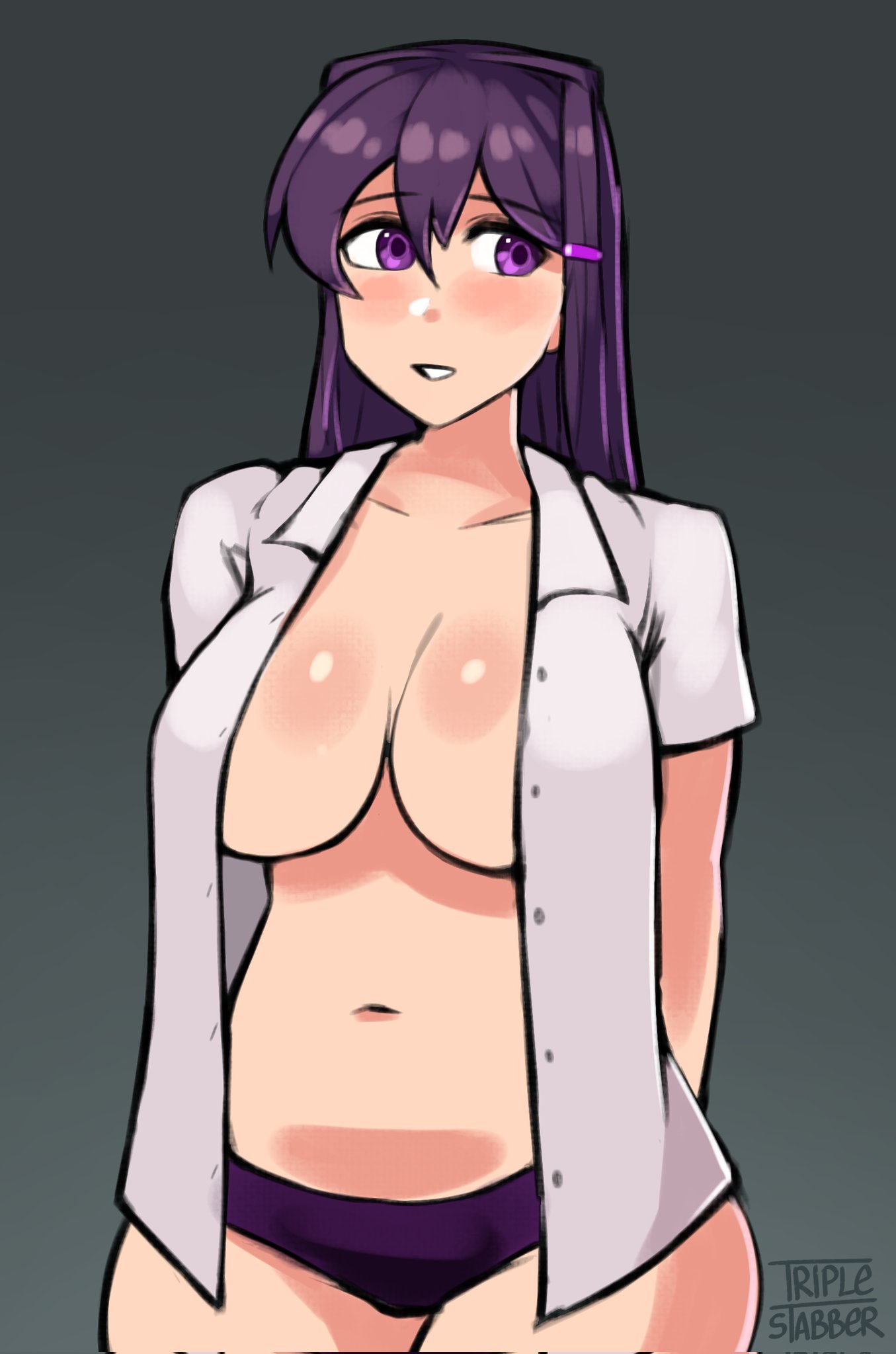 artist_name big_breasts breasts breasts doki_doki_literature_club long_hair open_shirt panties purple_eyes purple_hair purple_panties triplestabber yuri_(doki_doki_literature_club)