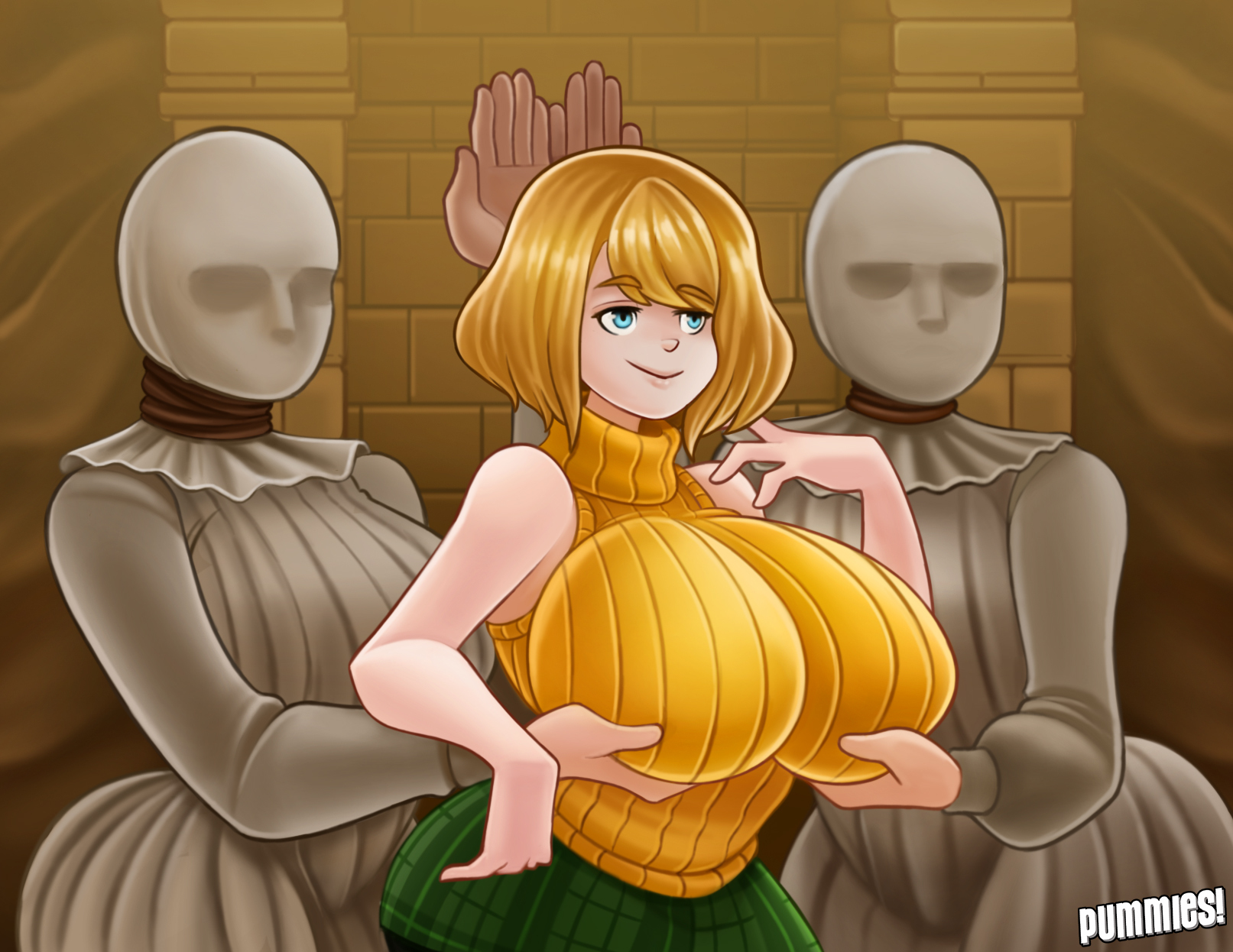 1girls, 2d, ashley graham, ashley graham (ella freya), blonde hair, blue eyes, breasts, capcom, female, female only, huge breasts, light skin, light-skinned female, meme, pummies, resident evil, resident evil 4, resident evil 4 remake, servants holding aphrodite's breasts (meme), tagme