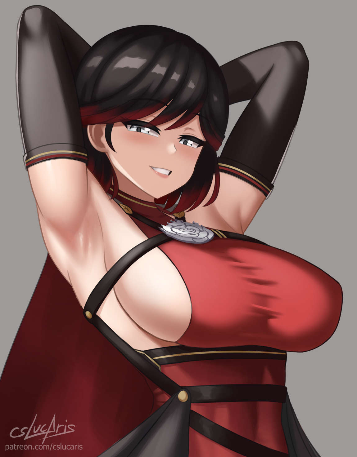 1girls, armpit, armpits, arms behind head, big breasts, black hair, breasts, busty, cape, cslucaris, female, large breasts, long gloves, mature female, milf, pose, posing, red highlights, rwby, seductive, seductive smile, sensual, sexy armpits, sideboob, silver eyes, smile, summer rose