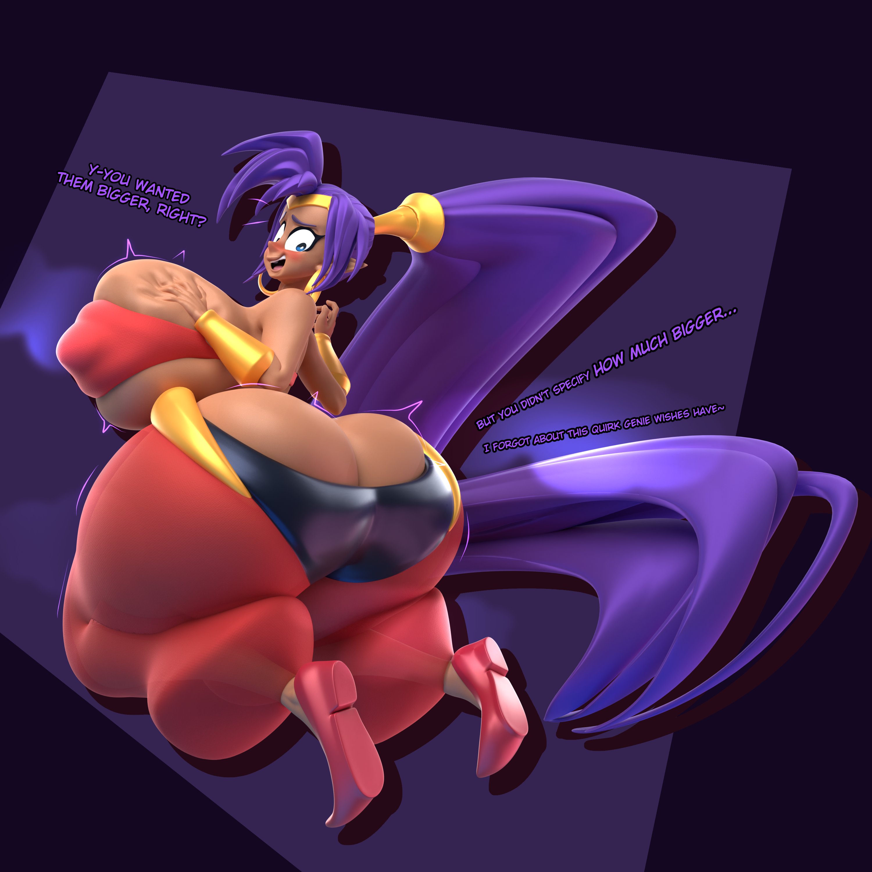 1girls, 3d, 3d (artwork), armwear, ass, ass cleavage, ass crack, ass expansion, bare shoulders, big ass, big breasts, blue eyes, blush, bottomwear, bracelet, breast expansion, breast growth, breast growth (enlargement), breasts, bursting breasts, bursting butt, butt crack, butt expansion, carro3dsculpts, ear piercing, earrings, english, english text, female, female only, full body, hips, hoop earrings, huge breasts, humanoid, large ass, large breasts, motion lines, pointy ears, ponytail, purple hair, shantae, shantae (character), smooth skin, solo, solo female, text, thick, thick thighs, thighs, topwear, wide hips