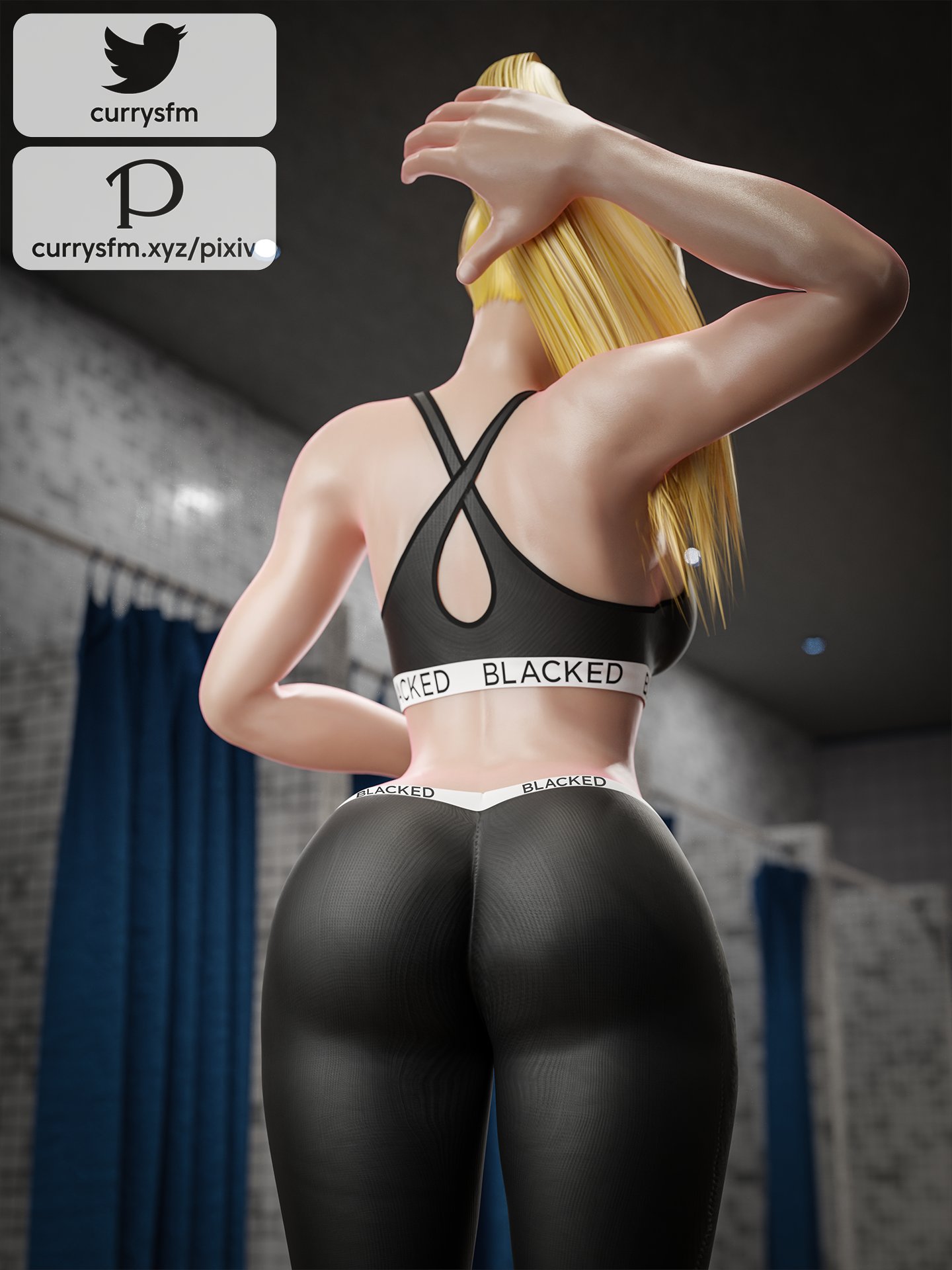 1girls, 3d, ass, athletic, athletic female, big ass, bimbo, blacked, blacked clothing, blonde hair, currysfm, english text, female, female only, fit, fit female, leggings, light skin, light-skinned female, long hair, low-angle view, metroid, ponytail, samus aran, solo, sports bra, sportswear, text