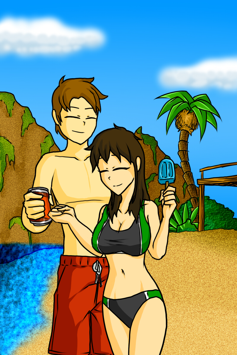 1boy 1girls beach bikini black_bikini boyfriend-girlfriend breasts brown_hair carol_summers cleavage green_bikini james_griffin_(nairod103098) medium_hair multicolored_bikini nairod103098 navel oc ocean orange_swimsuit original_character popsicle sand shirtless shirtless_(male) short_hair soda soda_can sports_bikini swimming_trunks