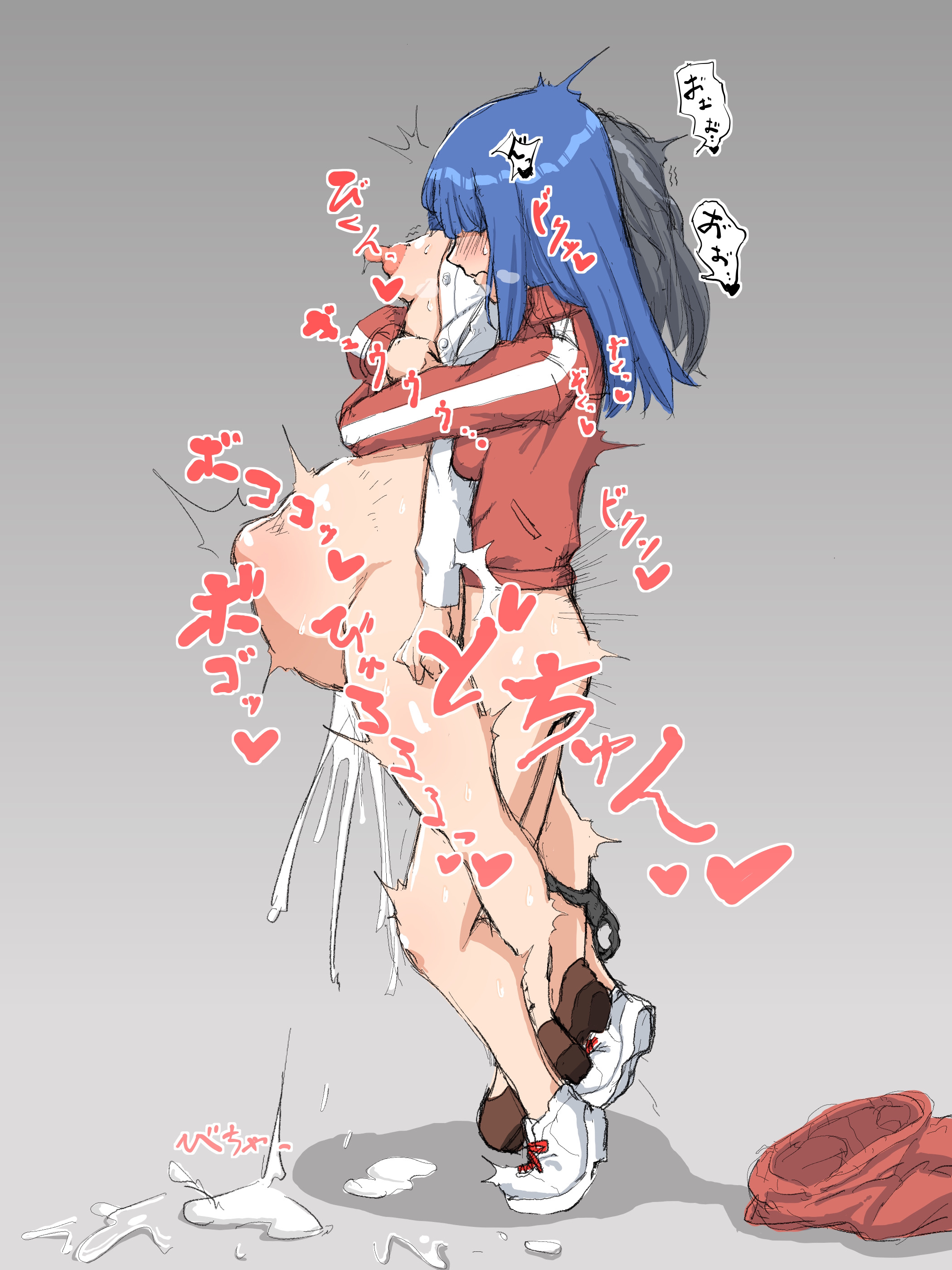 1futa, 1girls, black hair, black panties, blue hair, blush, bottomless, breasts, breasts out, clothed, clothing, collared shirt, cum, cum inflation, cum pool, cumflation, duo, ejaculation, erection, excessive cum, female, femsub, futa on female, futadom, futanari, grey background, hidden eyes, huge cock, human, intersex, jacket, large insertion, large penis, lifting person, light skin, light-skinned female, light-skinned futa, long hair, medium breasts, medium hair, nude, open shirt, orgasm, overflow, panties around leg, pants removed, partially clothed, penis, pussy, red jacket, red pants, sex, sex from behind, shirt, standing, standing sex, stomach bulge, track suit, vaginal penetration, wantan roushi, white shirt