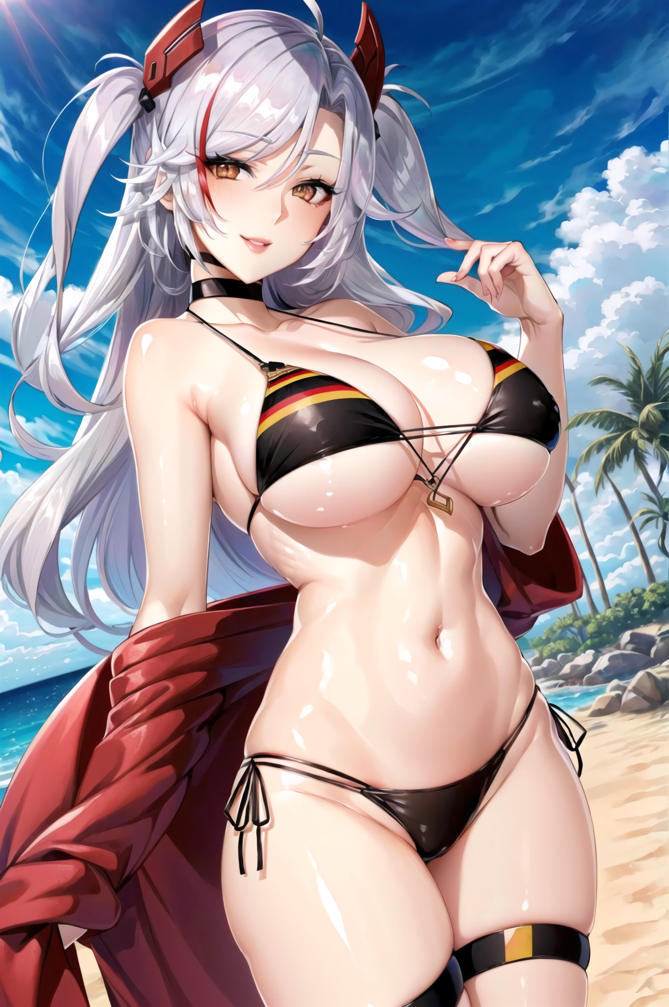1girls, ai generated, azur lane, bikini, breasts, curvaceous, curvy body, curvy female, curvy figure, female, female focus, female only, hi res, huge breasts, prinz eugen (azur lane), solo female, solo focus, stable diffusion, white hair, yellow eyes