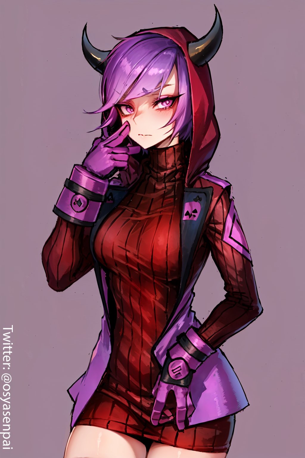 1girls ai_generated big_breasts breasts courtney_(pokemon) female female_only hoodie horns looking_at_viewer nintendo osyasenpai pokemon pokemon_oras pokemon_rse purple_eyes purple_hair ratatatat74_(ai_style) solo stable_diffusion team_magma thighs