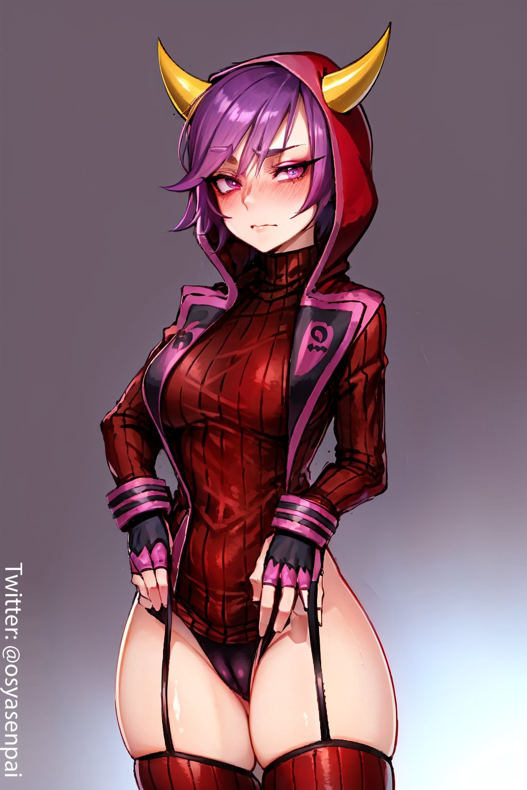 1girls, ai generated, big breasts, black panties, breasts, courtney (pokemon), female, female only, hoodie, horns, lifted by self, lifting skirt, looking at viewer, nintendo, osyasenpai, panties, pokemon, pokemon oras, pokemon rse, purple eyes, purple hair, solo, stable diffusion, team magma, thighs, undressing