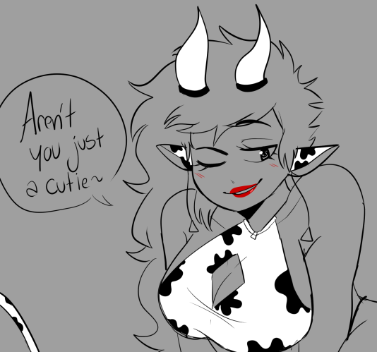 boob_window breasts cow_ears cow_horns cow_outfit cow_tail female looking_at_viewer red_lips shanice_(shawncookie) shawncookie sideboob sketch talking_to_viewer text