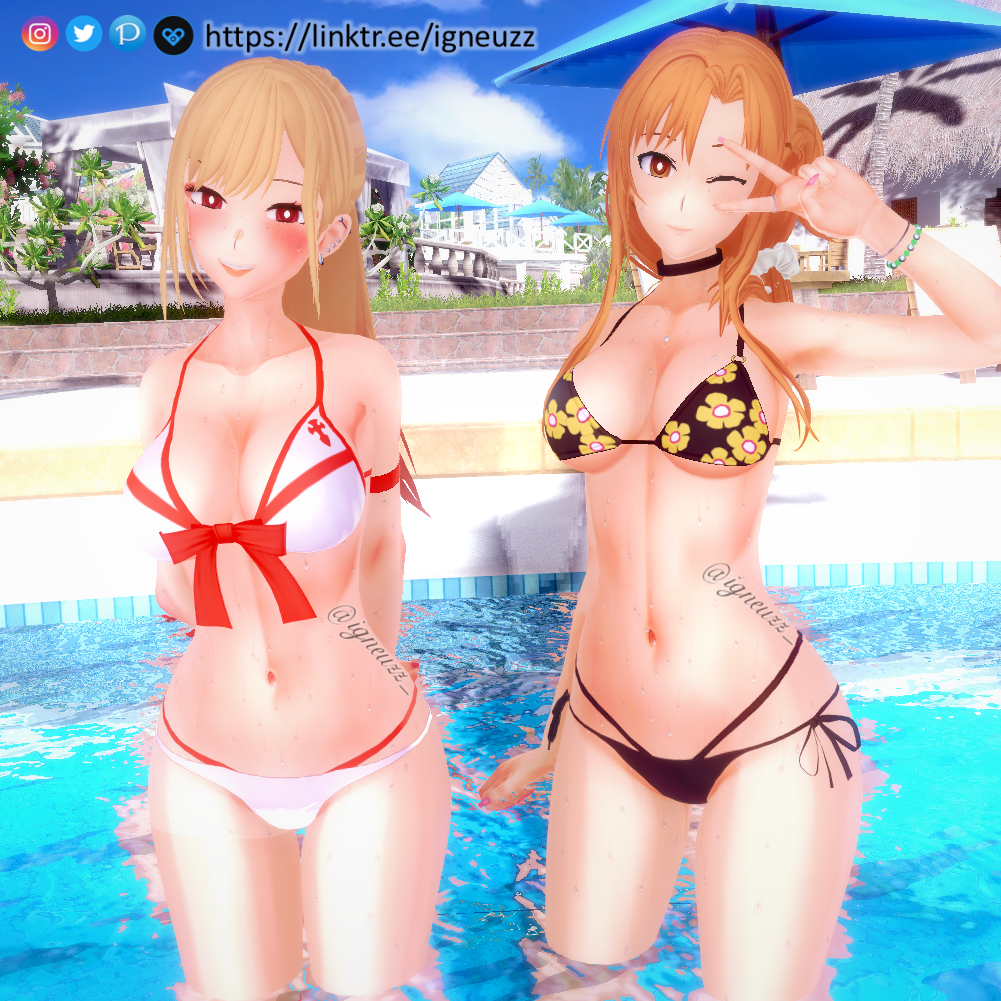 3d big_breasts bikini bikini_bottom blonde_hair blush breasts cleavage ear_piercing earrings female female_only gyaru huge_breasts igneuzz igneuzz_set kitagawa_marin knees_up kneesocks light-skinned_female lingerie lingerie_only long_hair looking_at_viewer orange_hair pool poolside sono_bisque_doll_wa_koi_wo_suru sword_art_online white_knee_socks yuuki_asuna