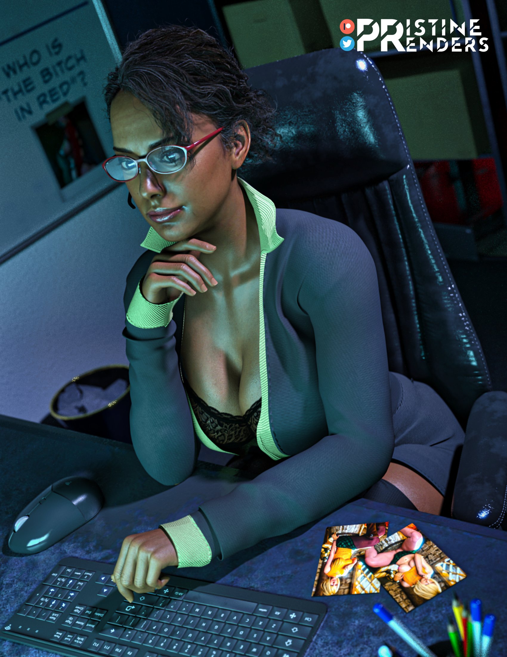 1girls, 3d, big breasts, bra, breasts, brown eyes, capcom, cleavage, computer, curvy, dark skin, dark-skinned female, female, female only, full cleavage, glasses, ingrid hunnigan, large breasts, looking at viewer, office lady, pristinerenders, resident evil, resident evil 4, resident evil 4 remake, secretary, solo, suit, suit jacket
