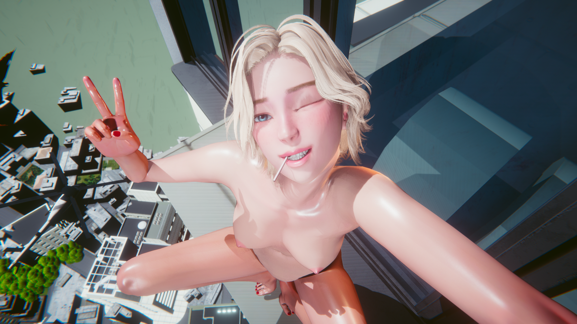 1girls, 3d, 3d (artwork), areolae, athletic, athletic female, barefoot, blonde hair, blue eyes, breasts, bubble gum, casual, city, city background, completely naked, completely nude, confident, effineffer, electronics, exhibitionism, female, female only, gwen stacy, highres, human, marvel, marvel comics, medium breasts, naked, navel, nipples, nonsexual, nonsexual nudity, nude, nude female, outdoor nudity, outdoors, outside, phone, pubic hair, public, public nudity, pussy, red nails, skyscraper, solo, source request, spider-gwen, spider-man (series), streaking, superheroine, taking selfie