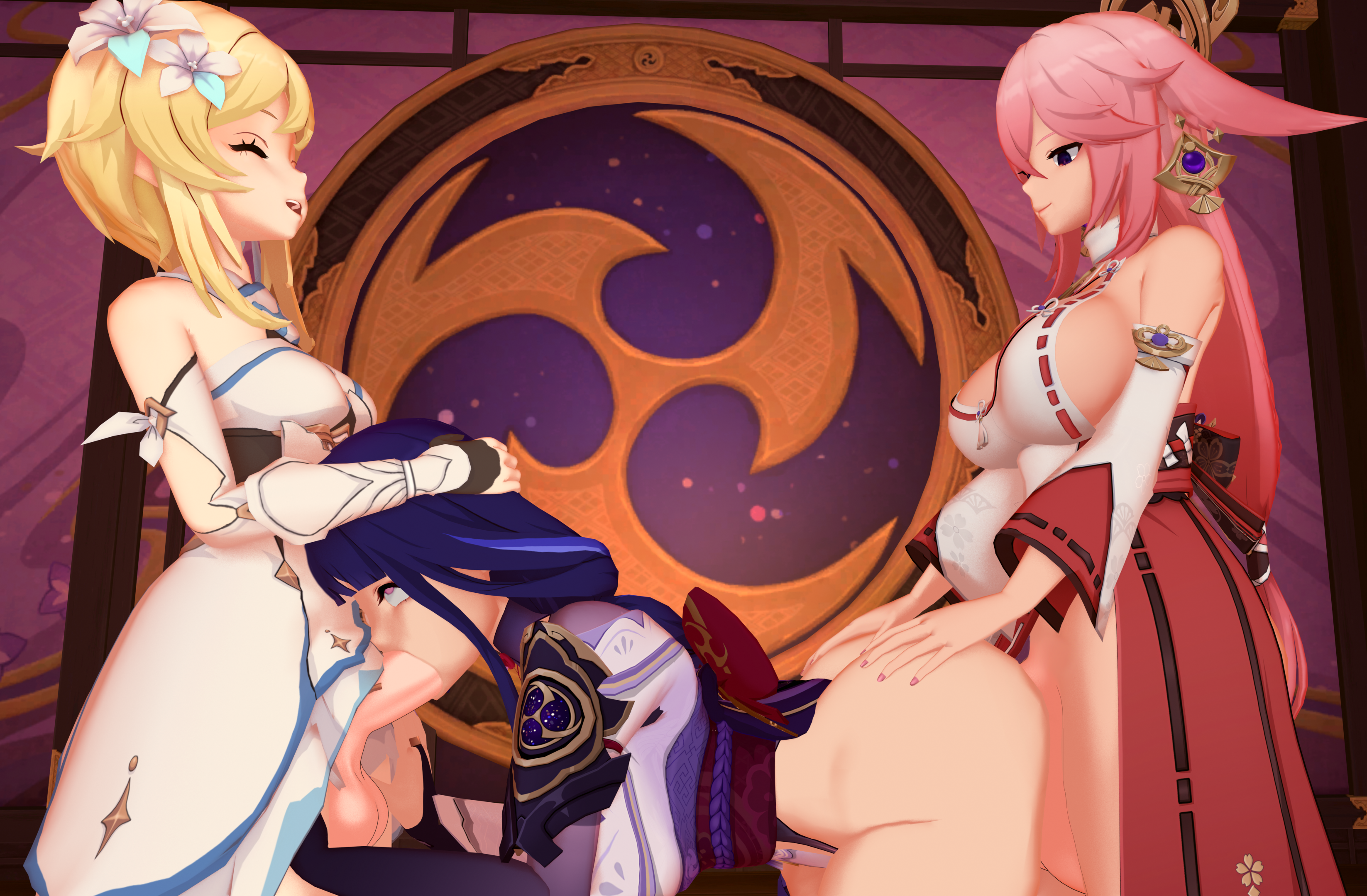 1girls, 2futas, 3d, female, futa on female, futaflux, futanari, genshin impact, intersex, lumine (genshin impact), raiden shogun, spitroast, yae miko
