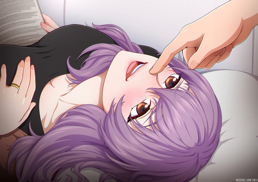 black_shirt book brown_eyes couch finger_on_nose hand_on_breast hiiragi_shinoa laying_on_couch neck neocoill open_mouth owari_no_seraph pointy_chin purple_hair ring seraph_of_the_end tagme