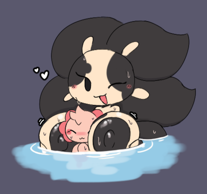 amphibian, axolotl, breasts, cute, head between breasts, male, pink body, sleepysous, smaller male, swimming, tagme, tail