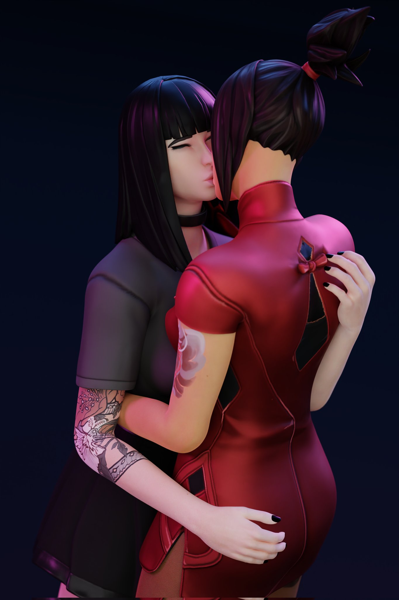 2girls 3d artsbyronin ass back_view big_ass black_hair blender bottomwear breasts charlotte_(fortnite) clothed clothing demi_(fortnite) dress duo epic_games female female_focus female_only fortnite hand_on_ass hand_on_head height_difference hime_cut kissing lesbian_sex light-skinned_female light_skin making_out medium_breasts mole mole_under_eye projectile_cum prosthetic_arm robotic_arm shirt side_view simple_background skirt standing tattoo tattooed_arm tattoos thick_thighs topwear viewed_from_behind watermark yuri