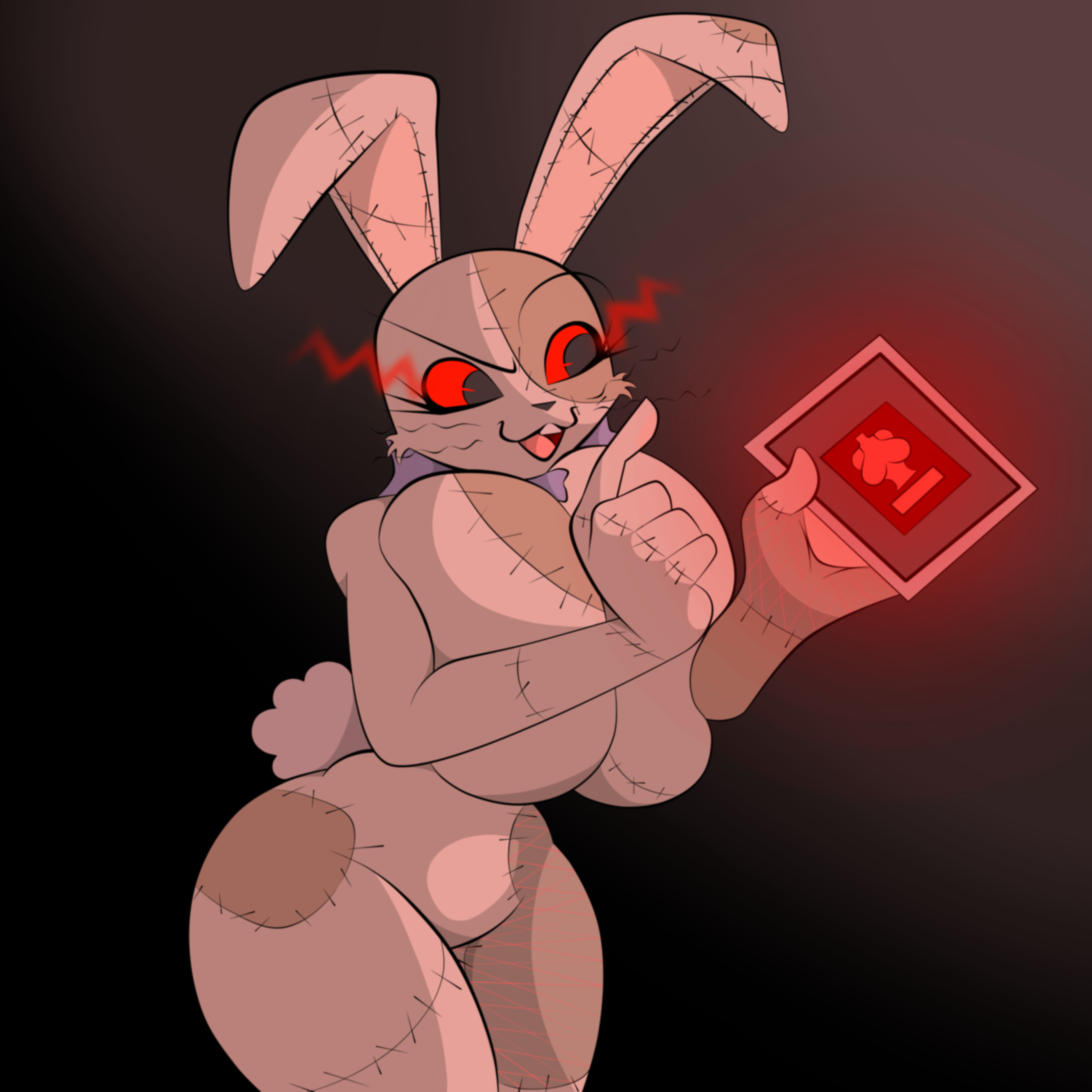 1girls, breast expansion, breast growth, breast growth (enlargement), breasts, bunny, female, female focus, female only, five nights at freddy's, five nights at freddy's: security breach, hyper, hyper breasts, lagomorph, lagomorph humanoid, large breasts, marshall123x (artist), rabbit, red sclera, solo, suit, thick thighs, thighs, vanny (fnaf)