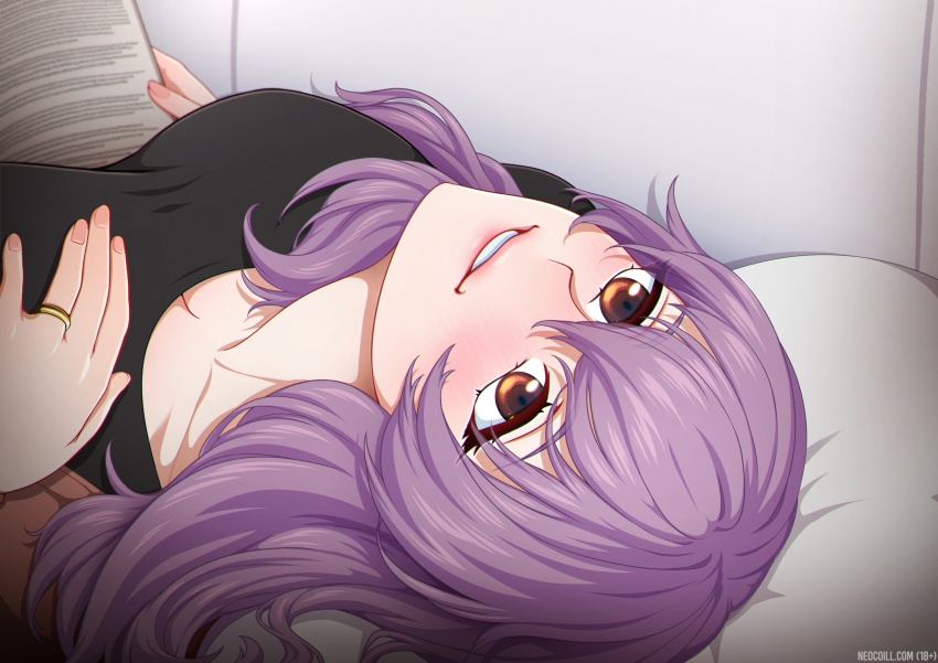 black_shirt book couch hand_on_breast hiiragi_shinoa laying_down laying_on_couch neocoill owari_no_seraph pointy_chin purple_hair seraph_of_the_end smile tagme