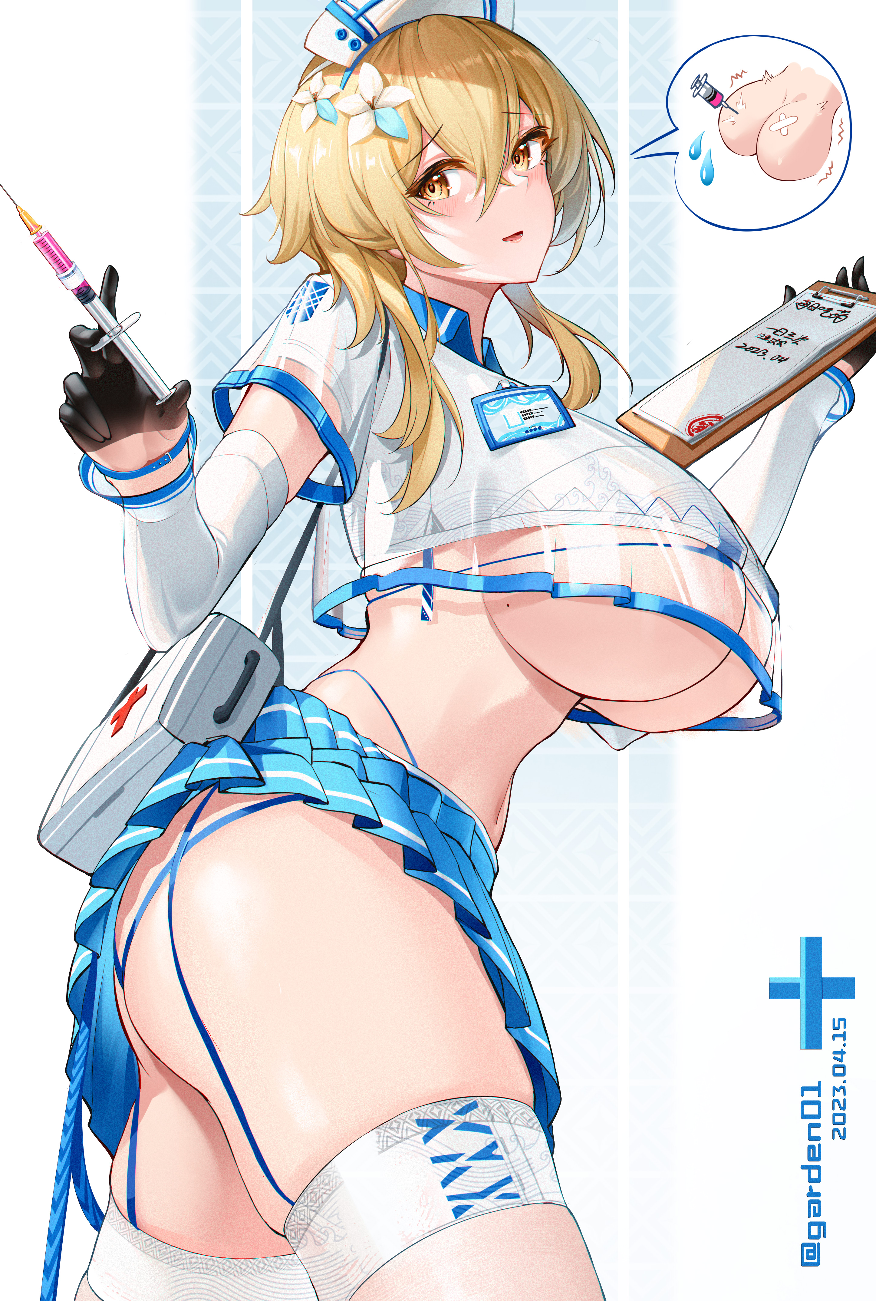 absurdres, alternate breast size, alternate costume, ass, black gloves, blonde hair, blue skirt, blush, breasts, clipboard, female, flower, garden01, garter straps, genshin impact, gloves, hair between eyes, hair flower, hair ornament, highres, holding, holding clipboard, holding syringe, huge breasts, id card, injection, looking at viewer, lumine (genshin impact), microskirt, miniskirt, mole, mole on breast, needle, nurse, pleated skirt, short hair with long locks, skirt, syringe, thighhighs, thong, underboob, underwear, yellow eyes