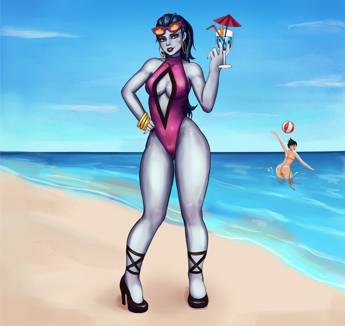 2girls beach female female_only looking_at_viewer overwatch swimwear thick_thighs tracer widowmaker zelles