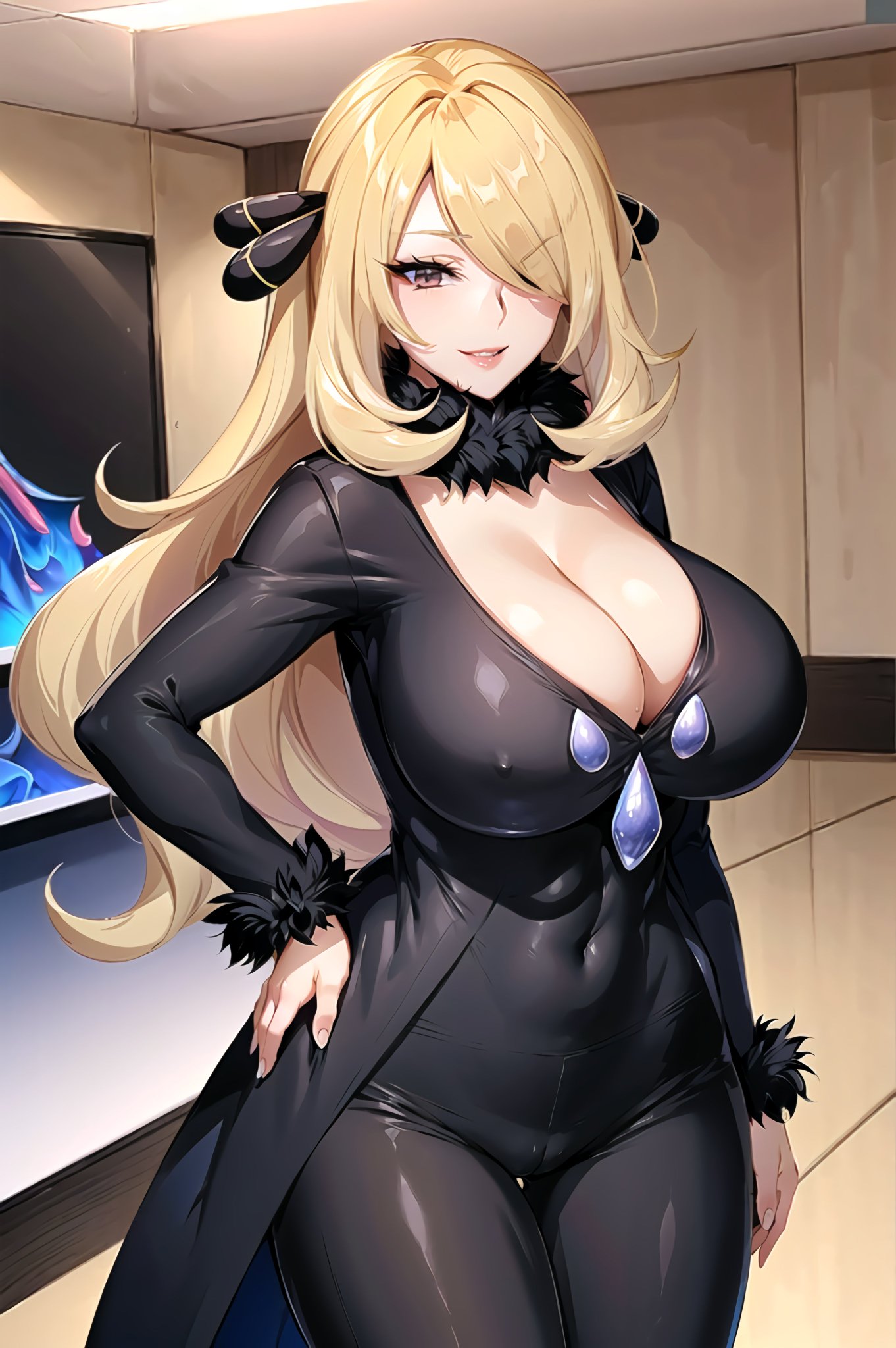 1girls, ai generated, blonde hair, breasts, cynthia (pokemon), female, female focus, female only, huge breasts, latex suit, long hair, pokemon, pokemon (anime), pokemon champion, skin tight, solo female, solo focus, stable diffusion, voluptuous, voluptuous female