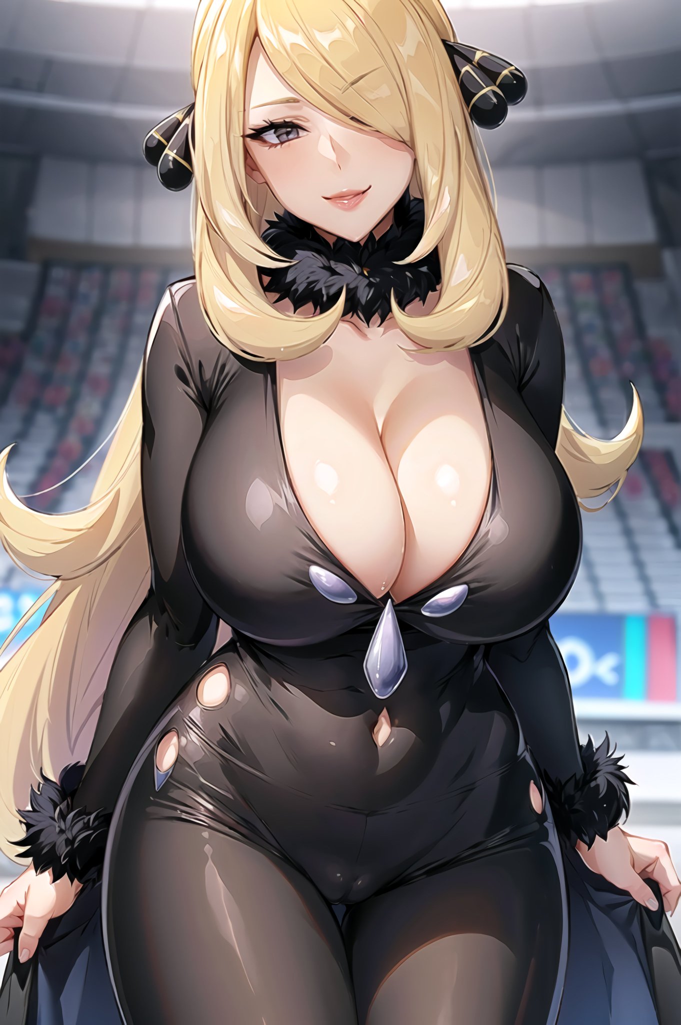1girls, ai generated, blonde hair, breasts, curvaceous, curvy body, curvy female, cynthia (pokemon), female, female focus, female only, huge breasts, latex suit, long hair, mature female, pokemon, pokemon (anime), pokemon champion, skin tight, solo female, solo focus, stable diffusion, voluptuous female