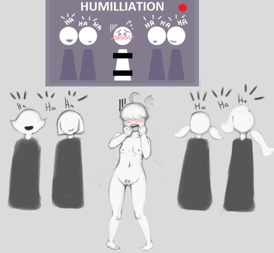 5girls, ahoge, babbitybab, blushing, breasts, cloak, clothed, embarrassed, embarrassed nude female, enf, female, flying sweatdrops, groin, hair over eyes, hips, humiliated, humiliation, laughing, legs, multiple females, multiple girls, navel, nekuzx, nipples, nude, only one naked, open mouth, pigeon-toed, public, public humiliation, public nudity, pussy, short hair, small breasts, thighs, white body