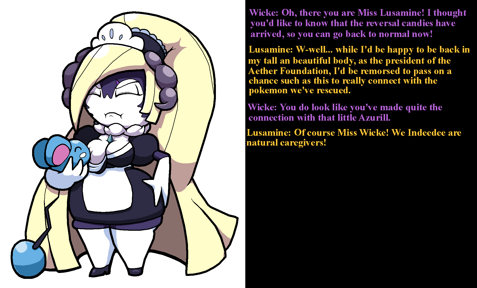 all_fours alternate_species azurill blonde_hair breast_feeding breast_sucking breastfeeding chabble dialogue female female_only green_eyes indeedee long_hair lusamine_(pokemon) maid_apron maid_headdress maid_outfit maid_uniform pokemon pokemon_(species) post_transformation purple_skin shortstack transparent_background typo