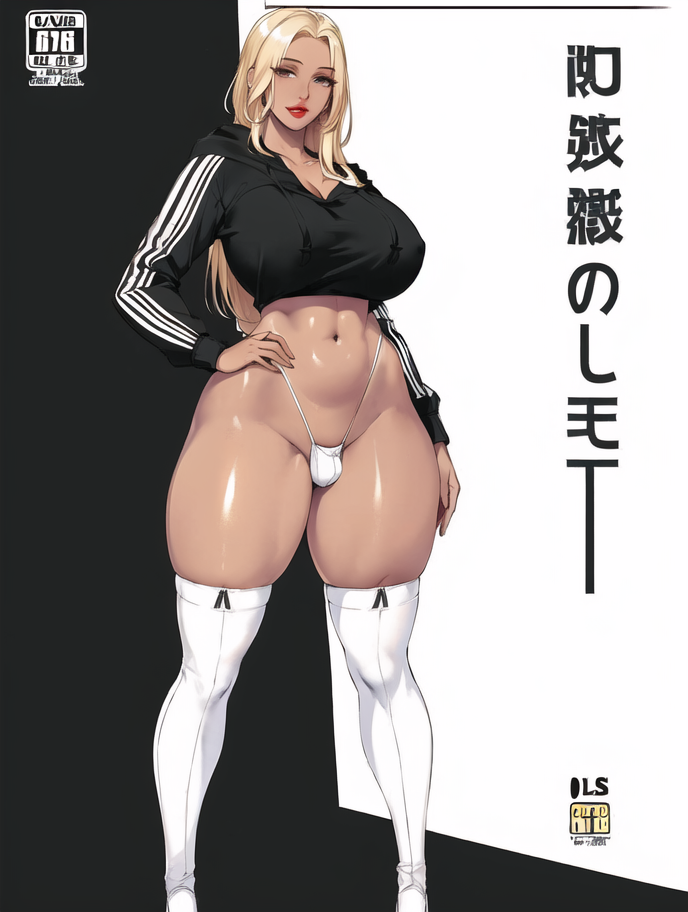 1futa ai_generated barely_clothed black_and_white_background blonde blonde_futa blonde_hair breasts brown_eyes bulge clothing covered_breasts covered_nipples dark-skinned_futanari dark_skin futanari hoodie huge_ass lipstick nipples nipples_bulge oznia4 panties penis red_lipstick small_penis solo solo_focus solo_futa thick_thighs thighhighs thighs thin_panties