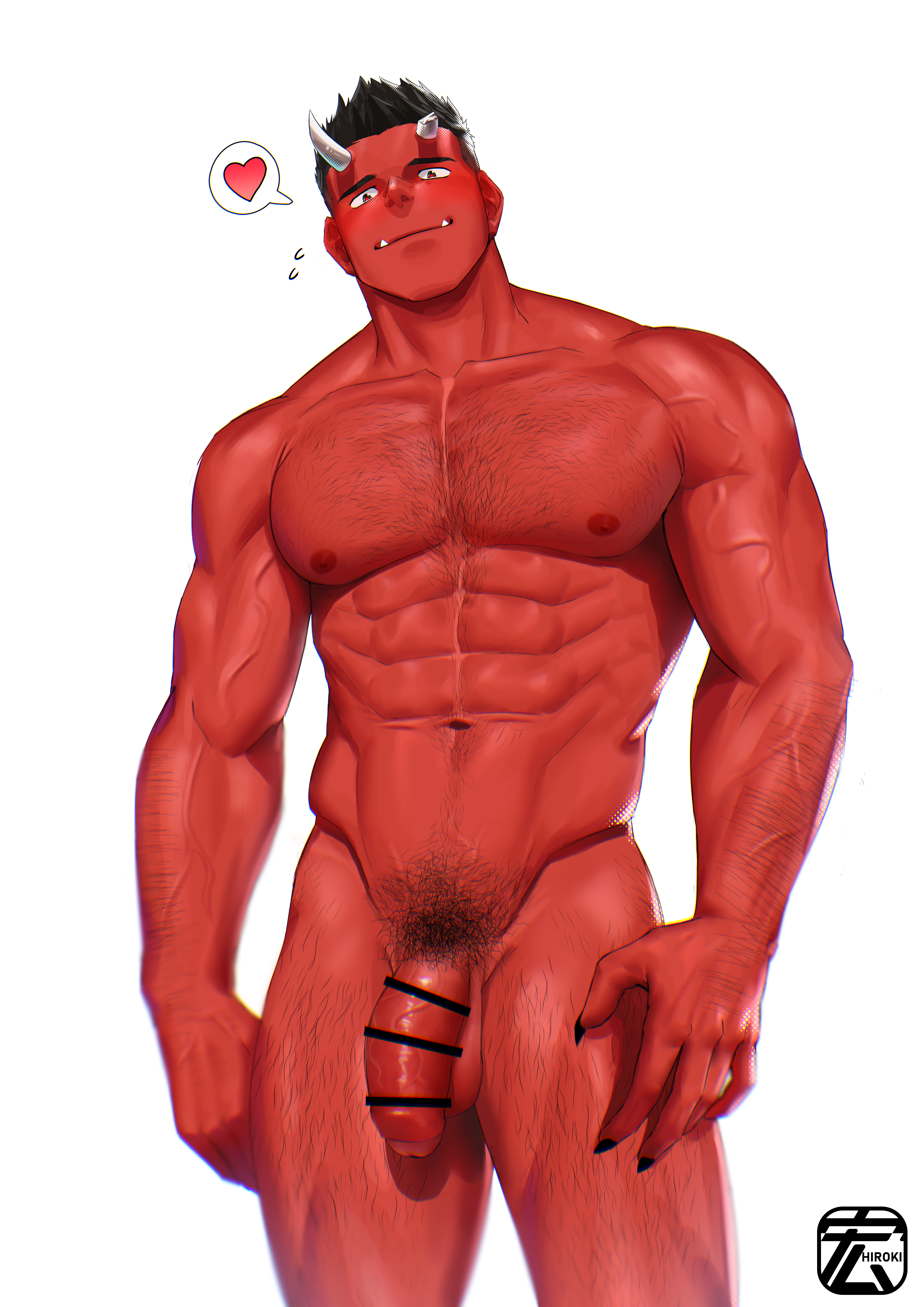 balls, bara, blush, censored penis, hiroki bzdsk, horns, japanese mythology, male, male only, muscles, muscular, mythology, nude, oni, oni horns, penis, red body, red oni, red skin, solo, solo male, yaoi