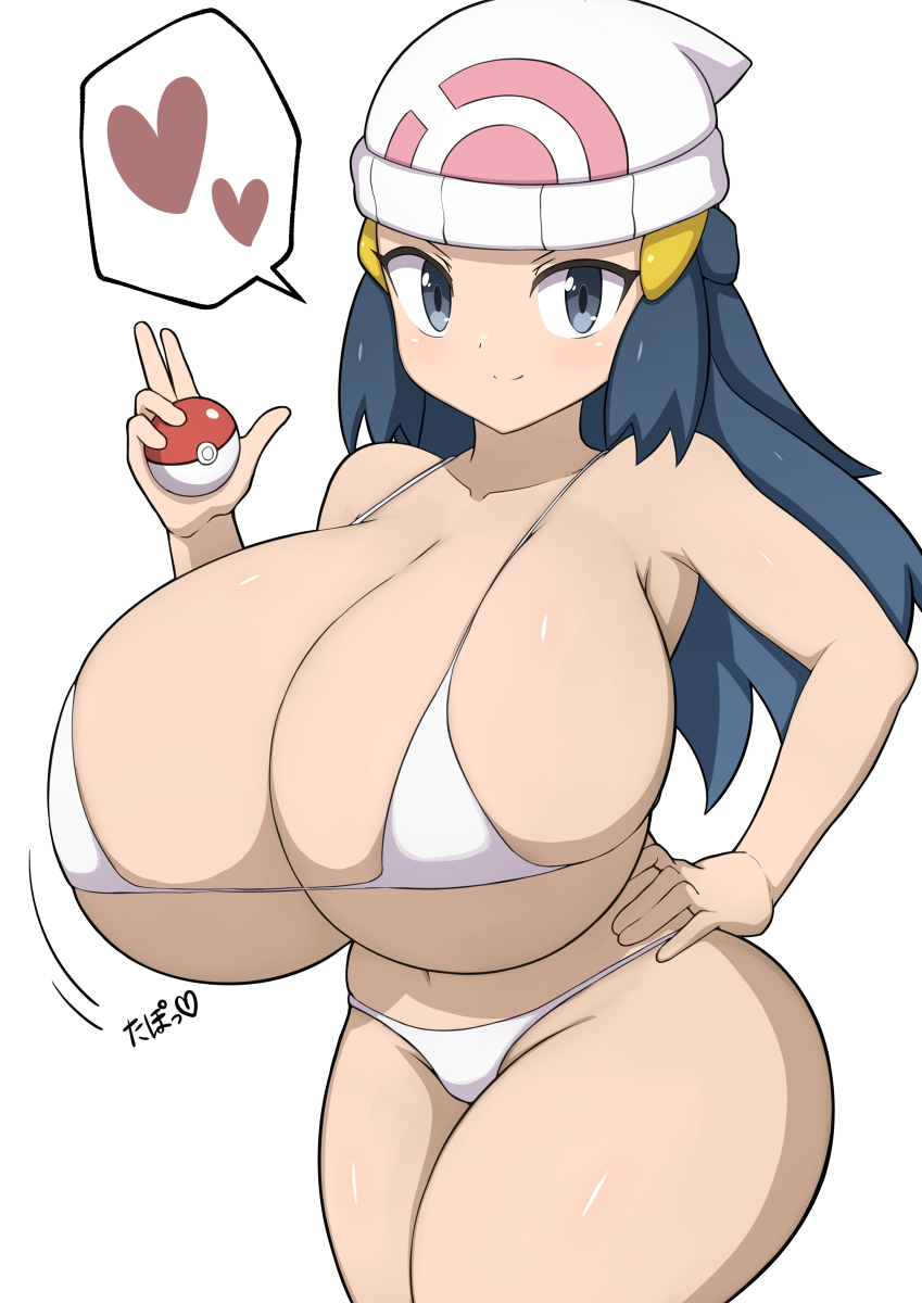 1girls aged_up belly_button big_breasts blush bra breasts breasts_bigger_than_head dawn_(pokemon) female female_only hiragana_(script) huge_breasts human jaga334 japanese_text jpeg panties pokemon pokemon_dppt pokemon_trainer swimsuit text thong