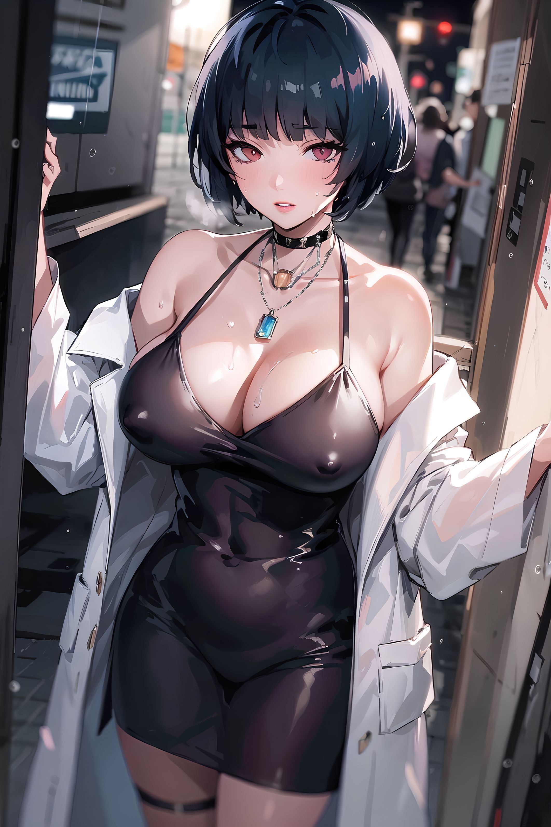 1girls, ai generated, breasts, curvaceous, curvy body, curvy female, curvy figure, female, huge breasts, looking at viewer, no bra, persona, persona 5, solo female, solo focus, stable diffusion, tae takemi