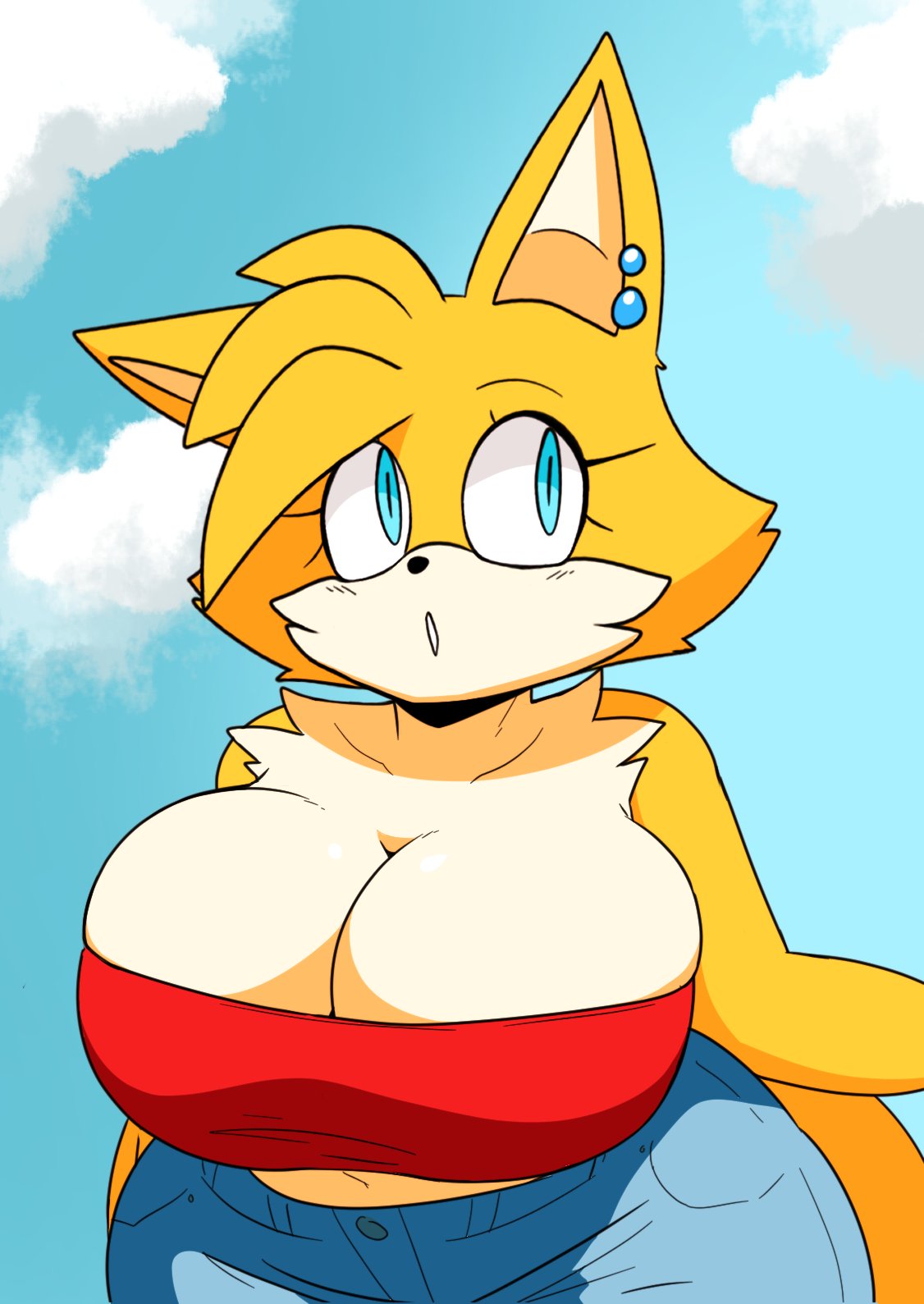 1girls anthro belly_button berkthejerk big_breasts blue_eyes blush breasts earrings female female_only fox fox_ears fox_girl fox_tail furry furry_female jeans looking_up miles_prower mtf_transformation navel rule_63 sega sonic_(series) sonic_the_hedgehog_(series) tails tails_the_fox tailsko