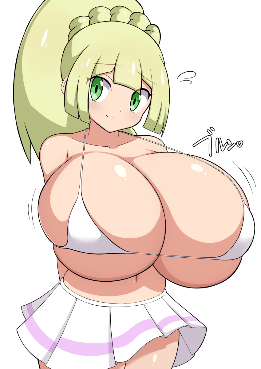 1girls, 2023, aged up, belly button, big breasts, blush, bra, breasts, breasts bigger than head, female, female only, huge breasts, jaga334, lillie (pokemon), nintendo, pokemon, pokemon sm, pokemon trainer, skirt