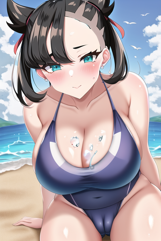 1girls, ai generated, alternate breast size, beach, blush, breasts, cameltoe, cleavage, female, large breasts, marnie (pokemon), nintendo, novelai, one-piece swimsuit, pokemon, pokemon ss, pussy, self upload, swimsuit