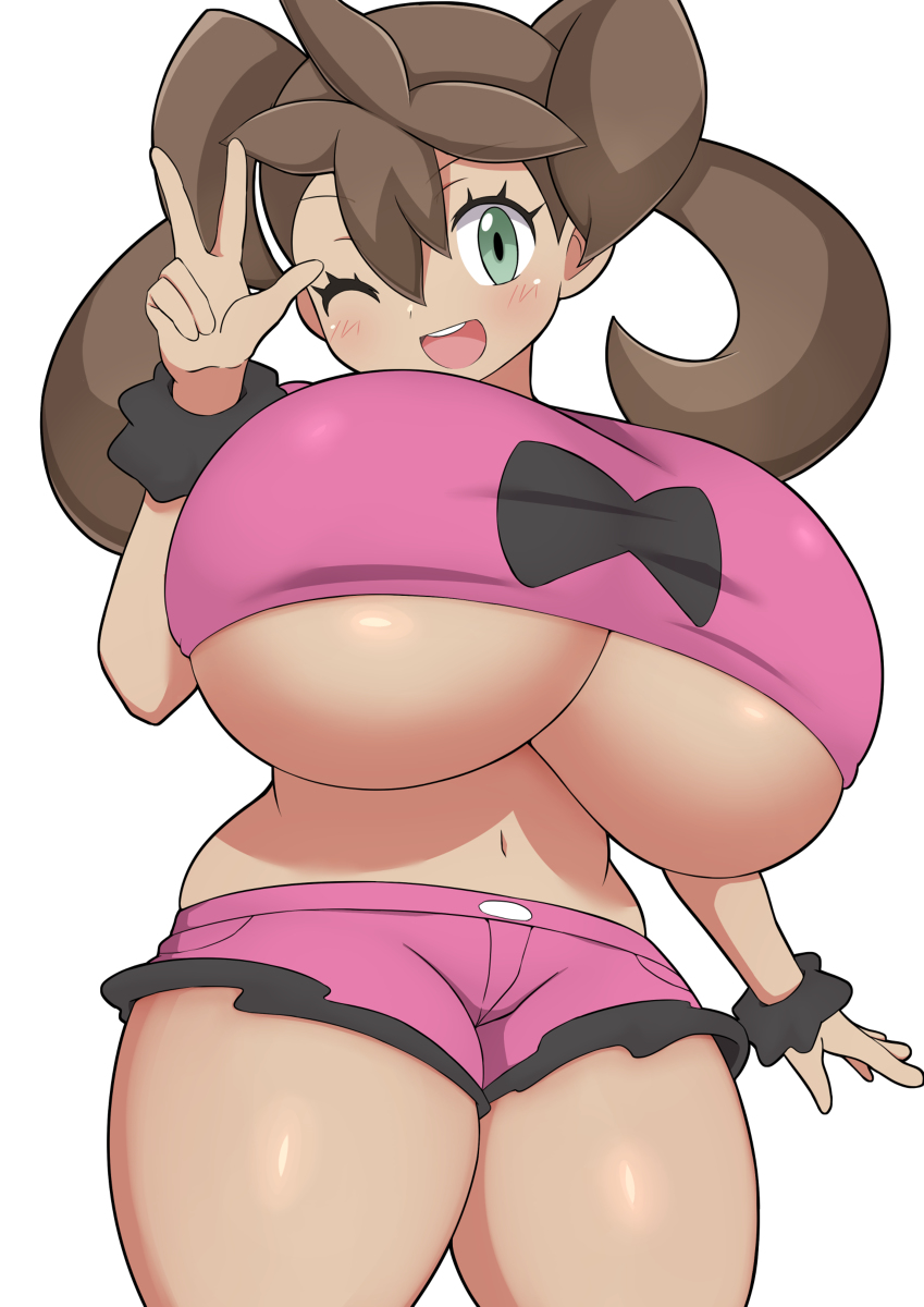 1girls, aged up, belly button, big breasts, blush, breasts, breasts bigger than head, brown hair, crop top, female, female only, huge breasts, jaga334, one eye closed, peace sign, pokemon, pokemon trainer, pokemon xy, shauna (pokemon), shorts