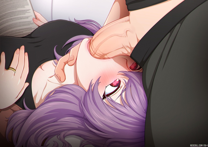 1boy 1girls black_pants black_shirt book breasts cleavage couch fellatio hand_on_breast heart-shaped_pupils hiiragi_shinoa hyakuya_yuuichirou laying_on_couch neocoill on_back owari_no_seraph penis purple_hair ring seraph_of_the_end sucking_penis tagme