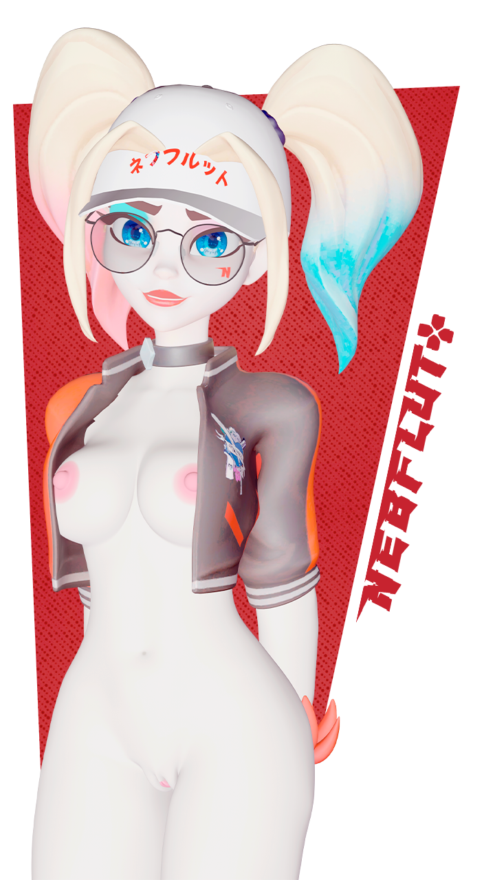 breasts choker dc dc_comics fingerless_gloves glasses harley_quinn harley_quinn_(cosplay) harley_quinn_(multiversus) hat jacket jacket_open looking_at_viewer multiversus nebflutplus nude nude_female pigtails pose posing pussy