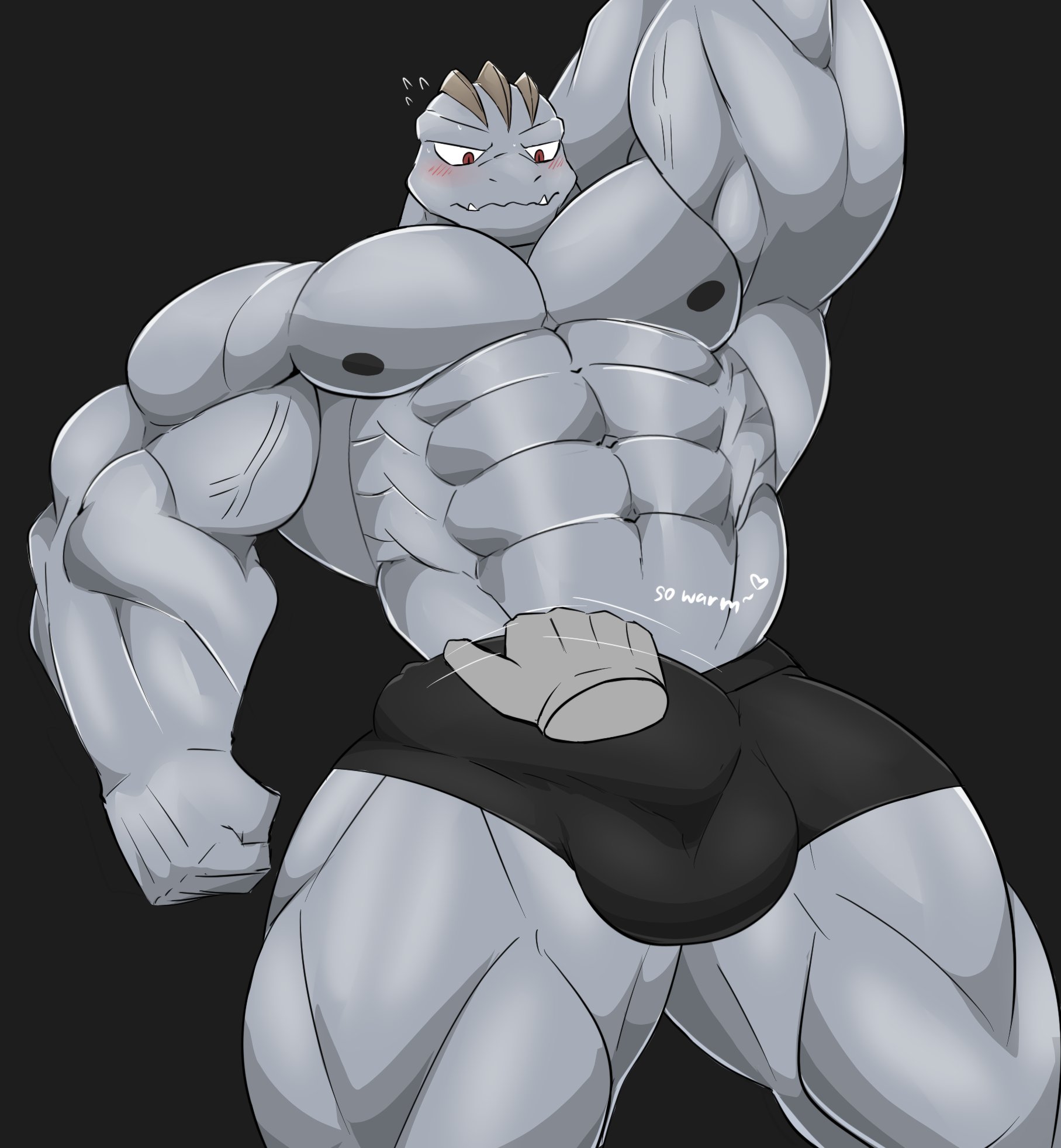 anatake, anthro, balls, bara, blue hair, blue skin, blush, boner, bulge, disembodied hand, erection, erection under clothes, hand behind head, machoke, male, male only, muscles, muscular, nintendo, penis, pokemon, pokemon (species), underwear, wolfblack2543, yaoi