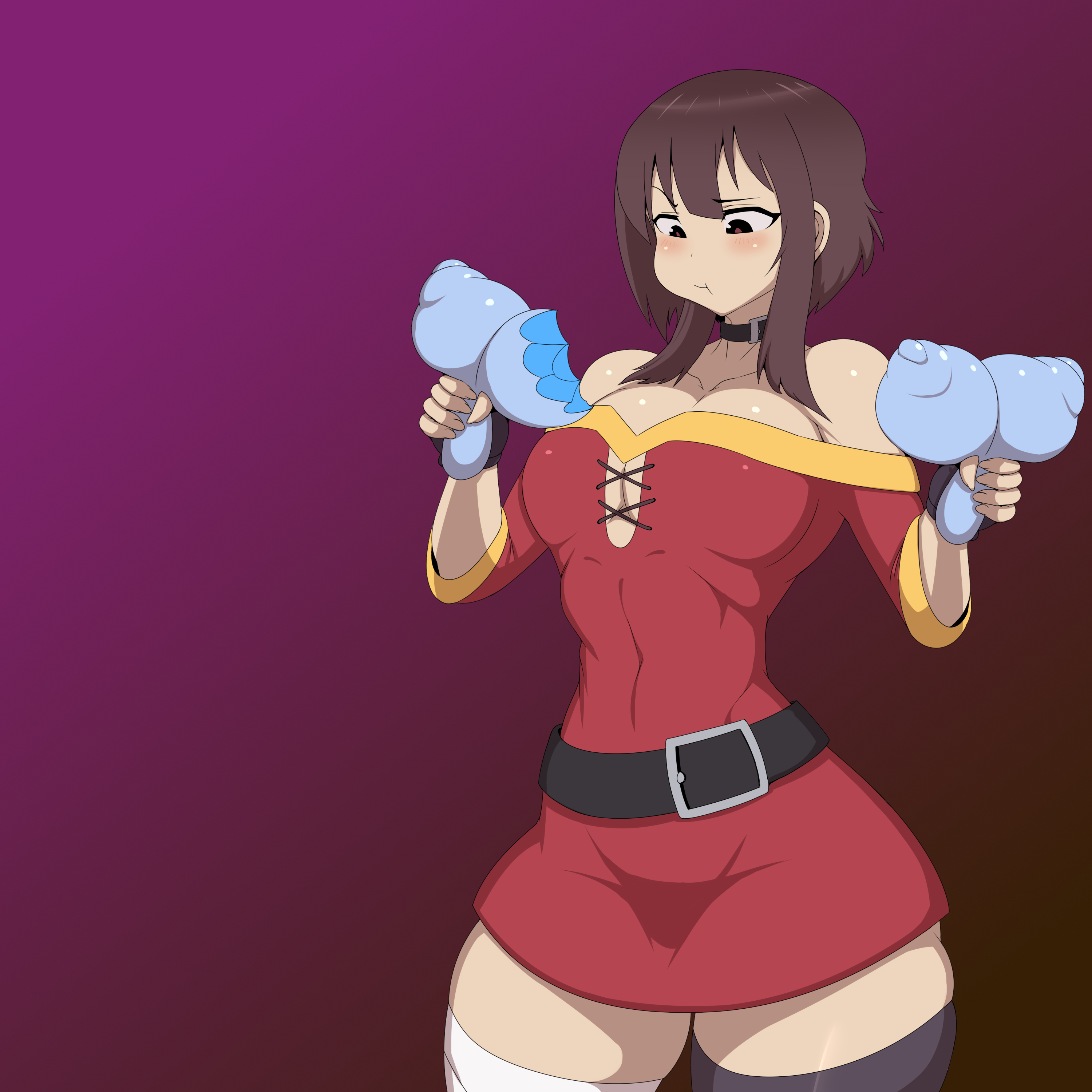 1girls, ber00, brown hair, clothing, eating, female, female only, kono subarashii sekai ni shukufuku wo!, megumin, mushroom, plant, red eyes, solo, thick thighs, wide hips