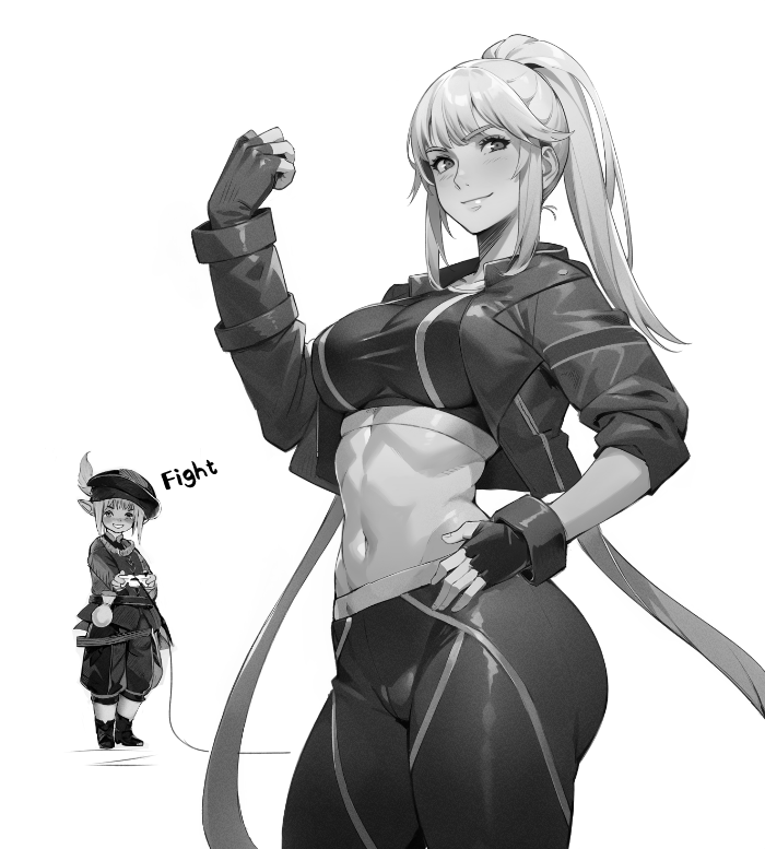 cammy_white_(cosplay) controller female final_fantasy final_fantasy_xiv gloves grayscale jacket jamjam jamjamstyle lyse_hext monochrome smile standing street_fighter street_fighter_6 tataru_taru thighs