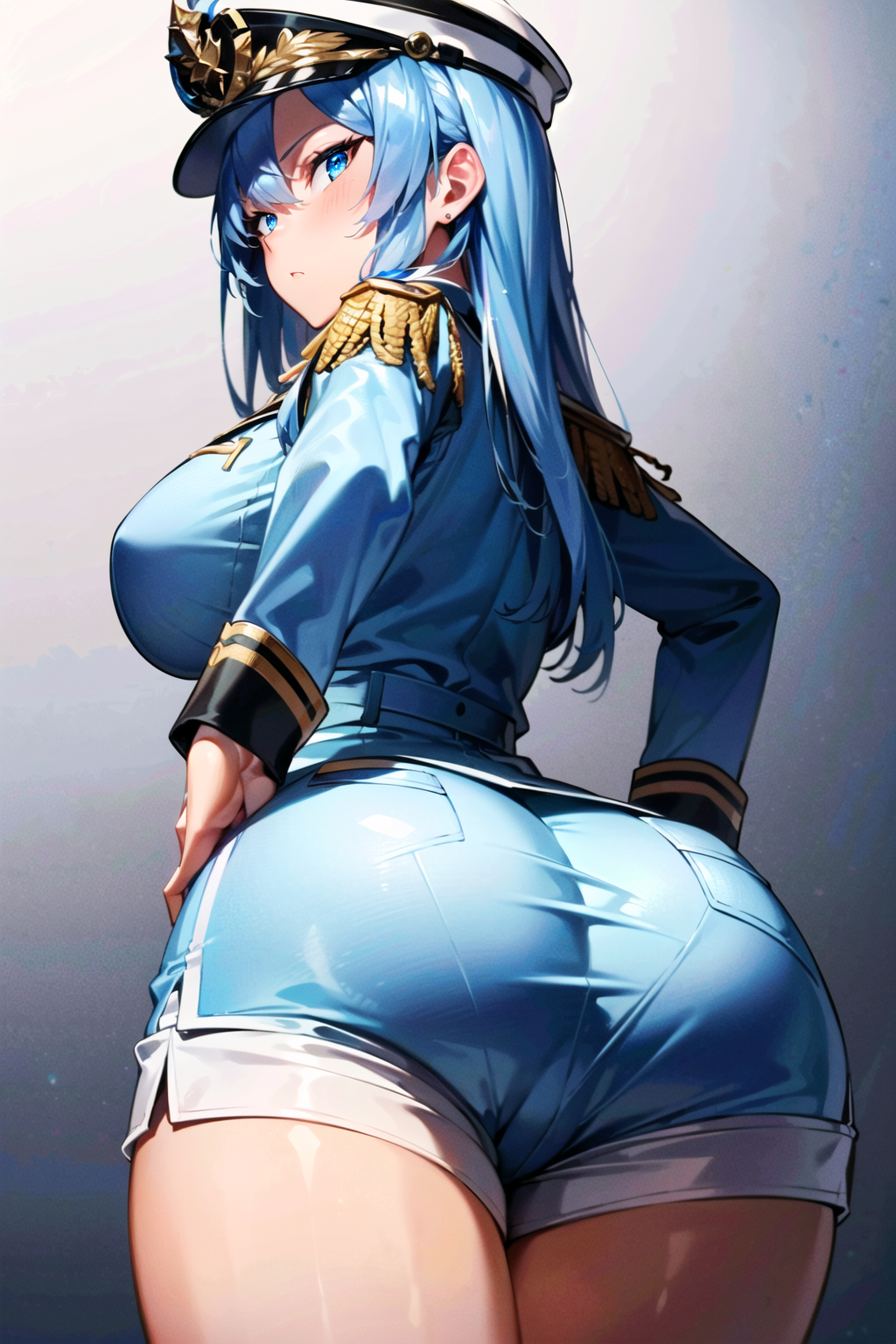 1girls, ai generated, ass, ass crack, ass focus, back view, big ass, big breasts, big butt, blue eyes, blue hair, blush, breasts, bubble ass, bubble butt, busty, butt crack, butt focus, curvaceous, curvy, enormous ass, enormous butt, fat ass, fat butt, female, from behind, giant ass, giant breasts, gloves, goddess of victory: nikke, hat, helm (nikke), huge ass, huge butt, large ass, large breasts, large butt, light skin, light-skinned female, long hair, looking at viewer, looking back, massive ass, massive breasts, massive butt, military, military uniform, rear view, round ass, round butt, seductive, seductive look, seductive pose, shiny, shiny clothes, shiny hair, shiny skin, short shorts, shorts, sideboob, solo, thick ass, uniform, voluptuous