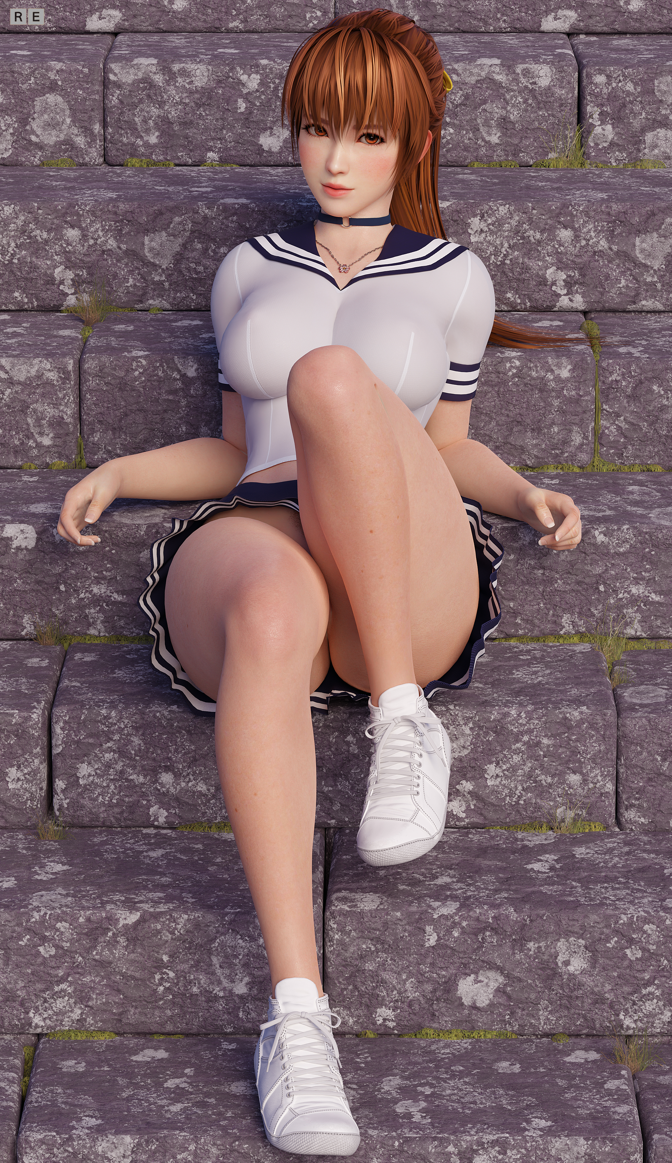 1girls, 3d, 3d (artwork), arm support, artist logo, auburn hair, blender, blush, breasts, brown eyes, brown hair, choker, dead or alive, dead or alive 5, female, female only, french nails, hairbow, highres, kasumi (doa), legs, light smile, matching hair/eyes, necklace, nipples visible through clothing, outdoors, ponytail, radianteld, short sleeves, sitting, skirt, sneakers, solo, stairs, tecmo, thick thighs, thighs