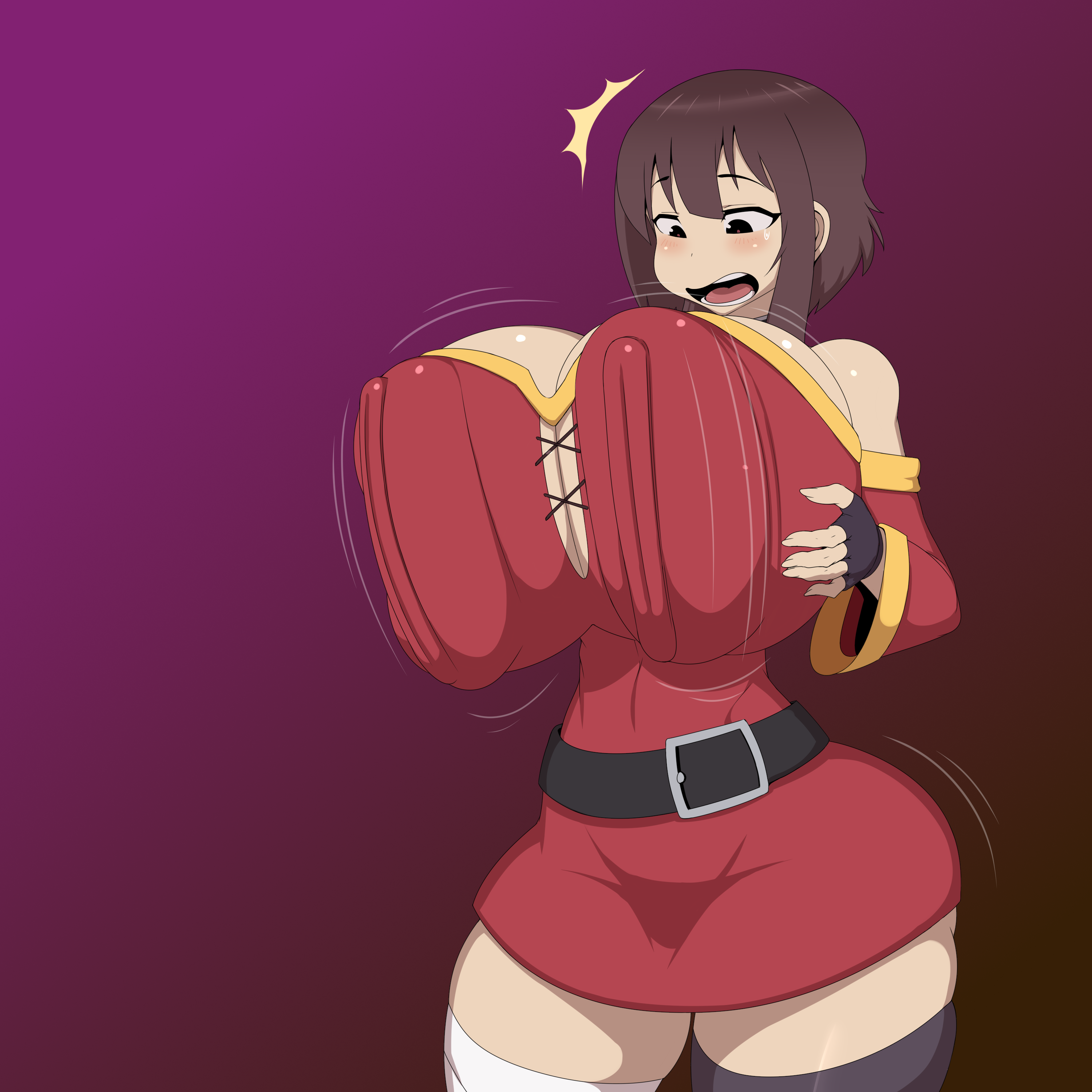 1girls, ber00, big breasts, breast expansion, breast growth, breast growth (enlargement), breasts, brown hair, busty, clothing, expansion, female, female only, huge breasts, kono subarashii sekai ni shukufuku wo!, large breasts, massive breasts, megumin, red eyes, solo, thick thighs, top heavy, wide hips