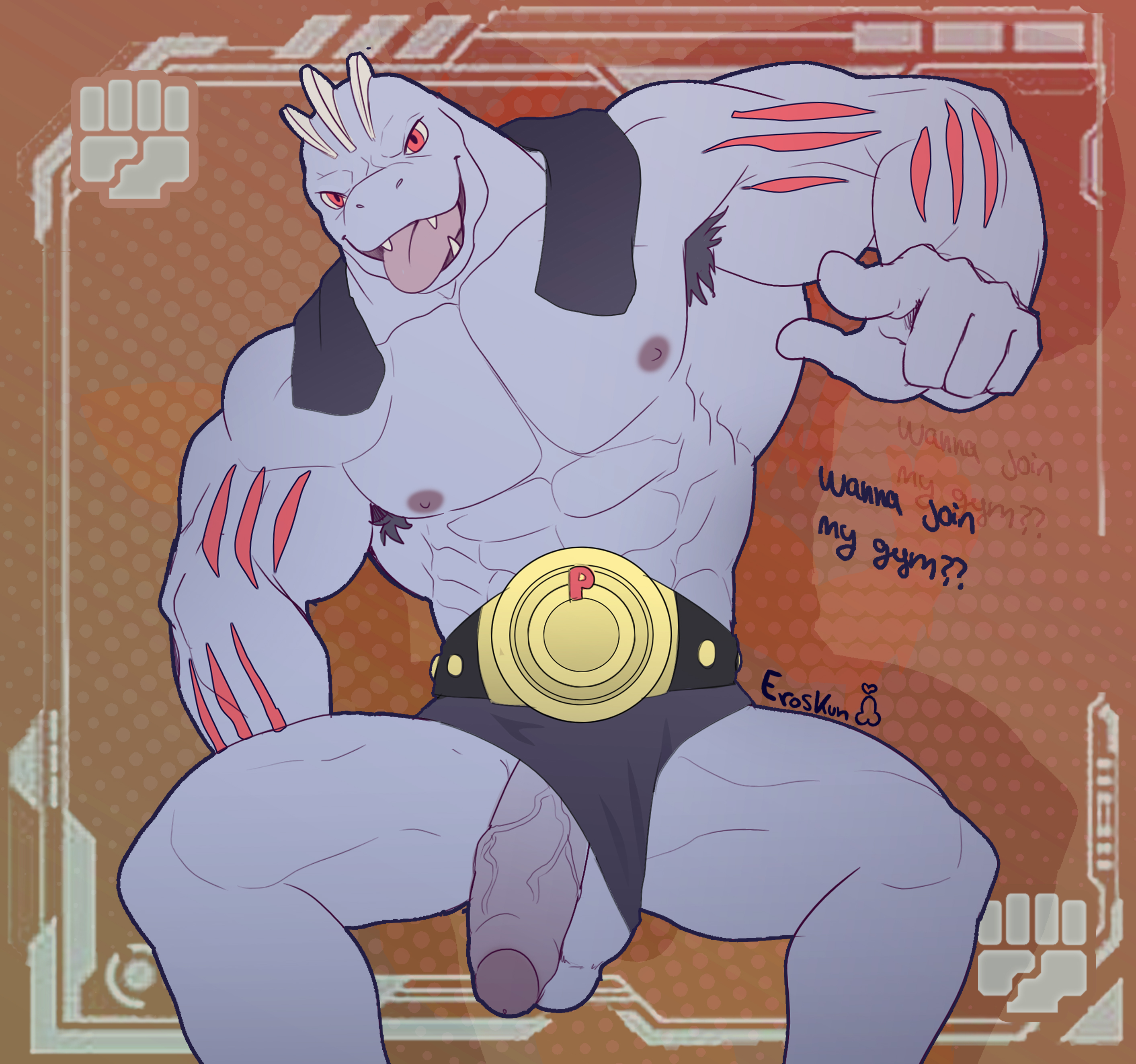 anthro, armpit hair, balls, bara, blue hair, blue skin, eroskun, machoke, male, male only, muscles, muscular, nintendo, penis, penis out, pokemon, pokemon (species), solo, solo male, spread legs, tongue, tongue out, yaoi