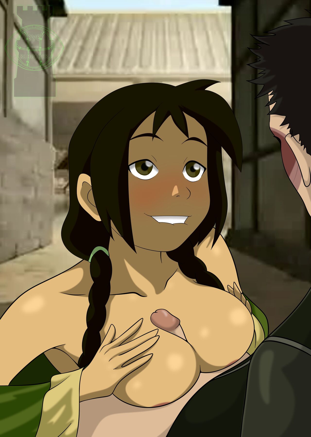 assertive assertive_female avatar_the_last_airbender biting_lip biting_own_lip blush braided_twintails breast_grab breast_squeeze breasts clothing disguise eye_of_the_beholder female huge_breasts in_heat jin_(avatar) large_breasts looking_at_another looking_pleasured lust male male/female male_focus outdoors paizuri penis sitting straight titjob unseen_male_face zuko